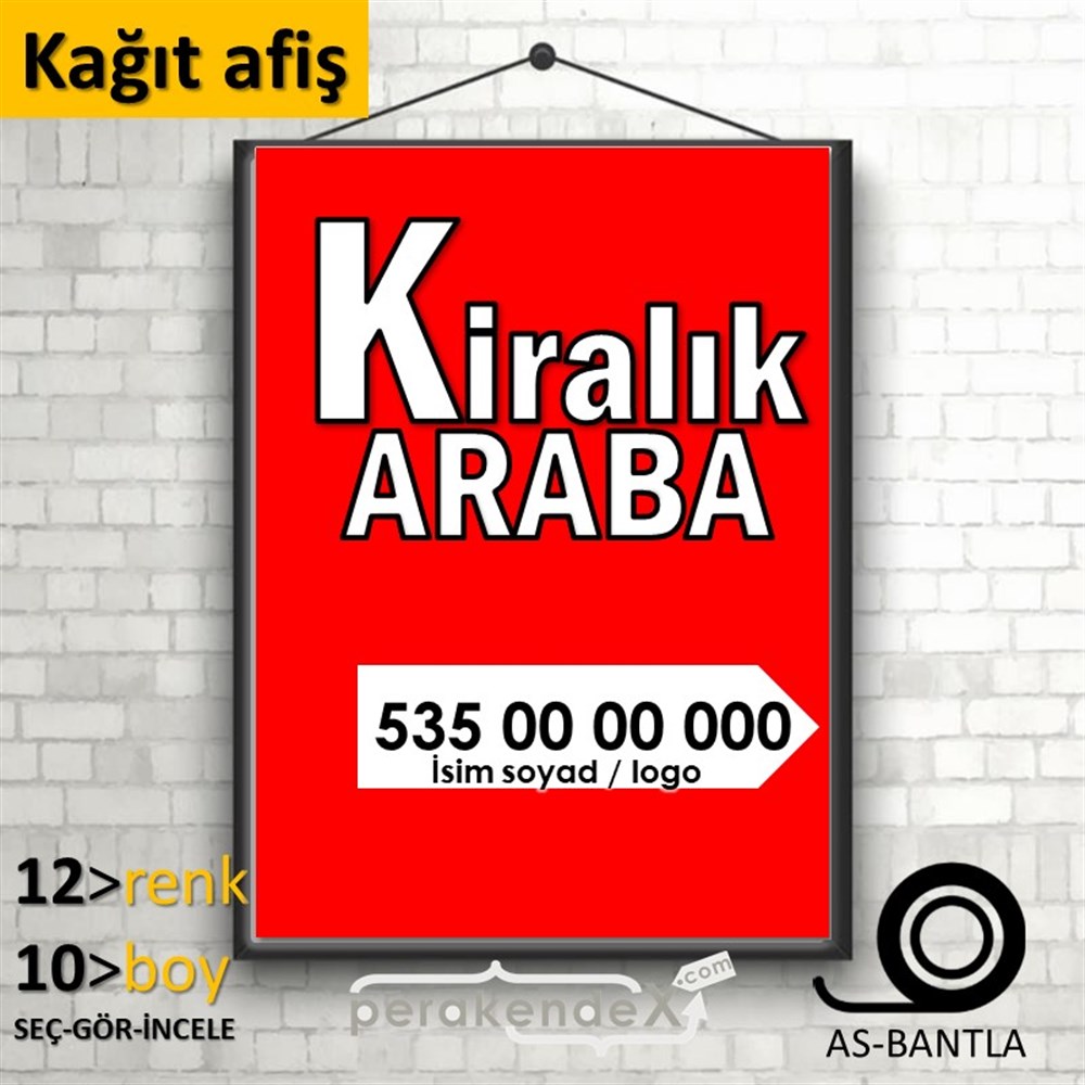 Tr İngilizce Kiralık Araba Yazısı 008 KAĞIT POSTER,  AFİŞ -dikdörtgen,tek yön baskıkağıt poster,  afiş
