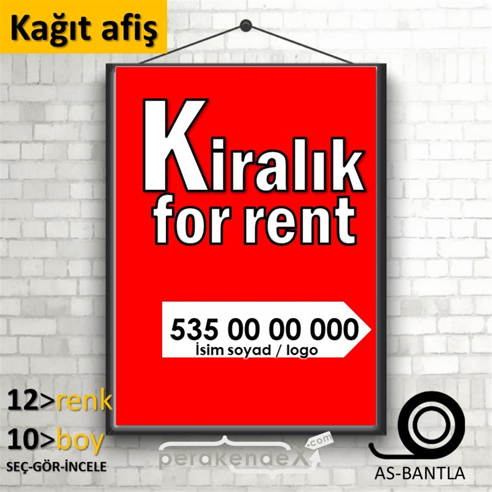 Tr İngilizce Kiralık Yazısı 008 KAĞIT POSTER,  AFİŞ -dikdörtgen,tek yön baskıkağıt poster,  afiş