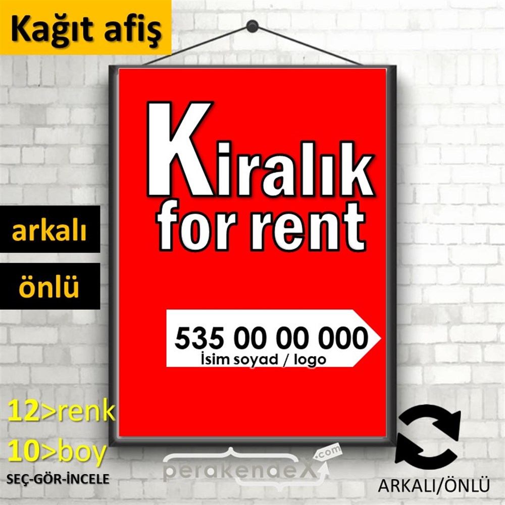 Tr İngilizce Kiralık Yazısı 008 KAĞIT POSTER,  AFİŞ -dikdörtgen,çift yön baskıkağıt poster,  afiş