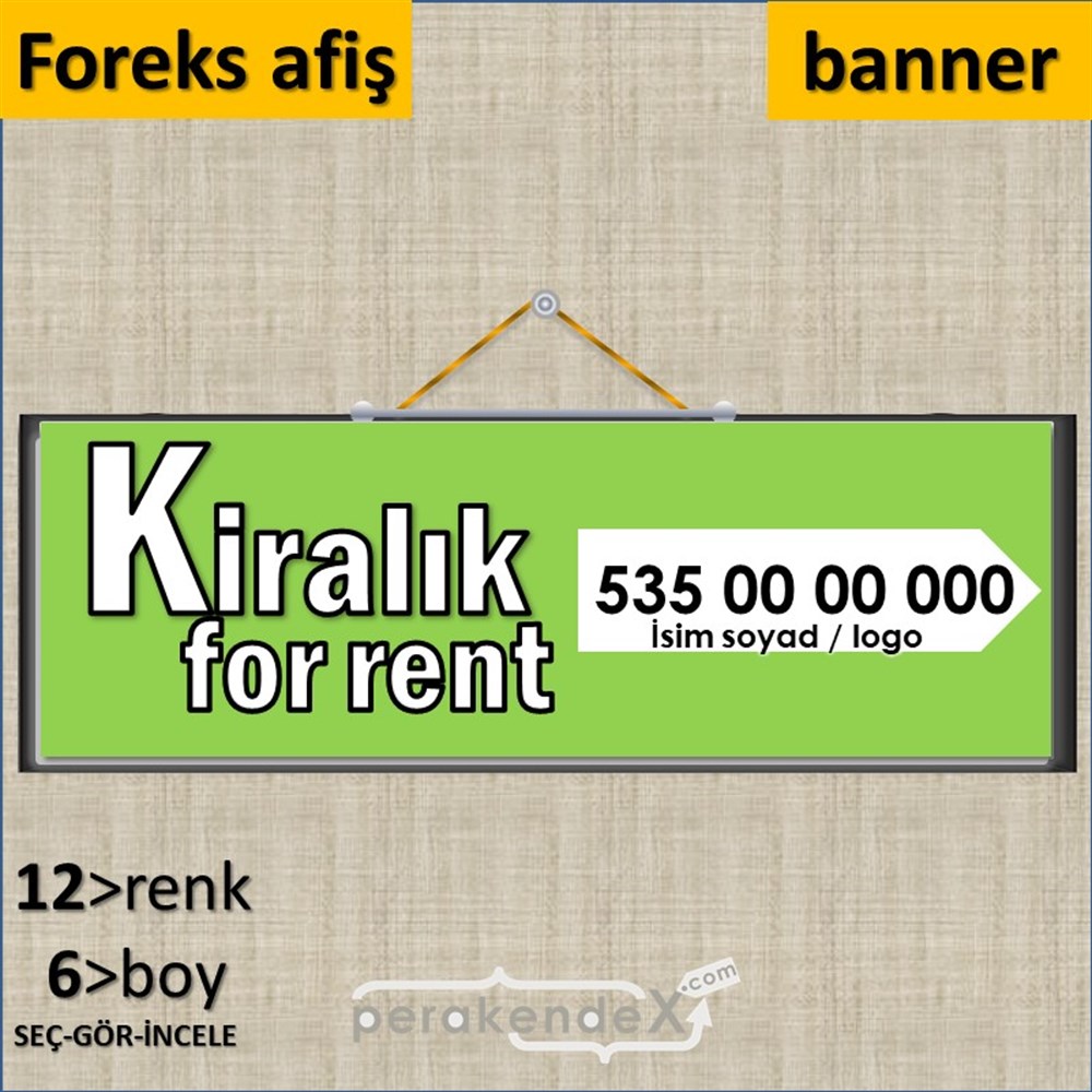 Tr İngilizce Kiralık Yazısı 008 SERT PLASTİK POSTER,  AFİŞ (BANNER) -dikdörtgen,tek yön baskısert plastik poster,  afiş