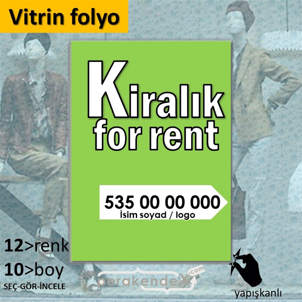 Tr İngilizce Kiralık Yazısı 008 VİTRİN - CAM FOLYO,  VİNİL -dikdörtgen,tek yön baskıvitrin - cam folyo,  vinil
