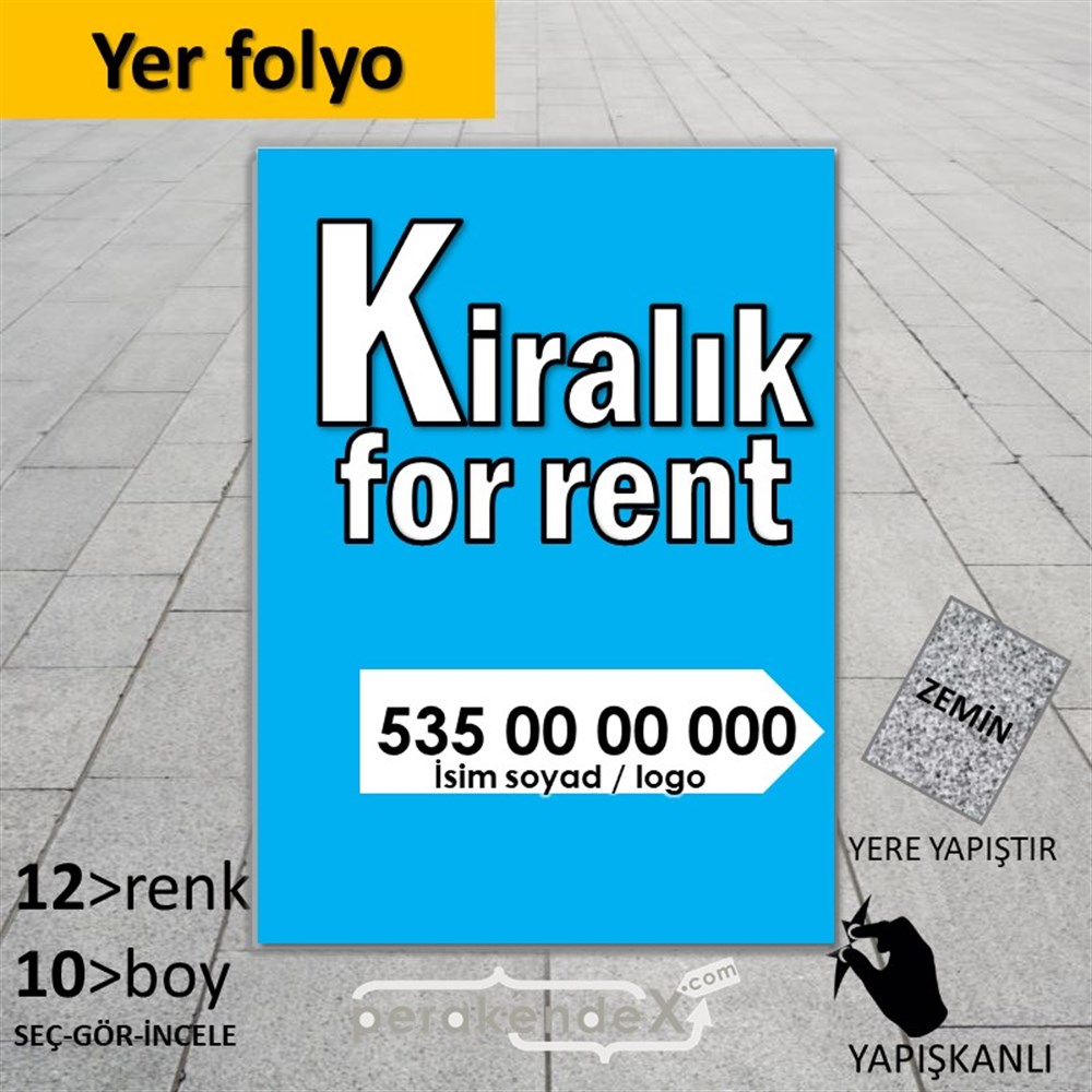Tr İngilizce Kiralık Yazısı 008 YER - ZEMİN FOLYO,  VİNİL -dikdörtgen,tek yön baskıyer - zemin folyo,  vinil