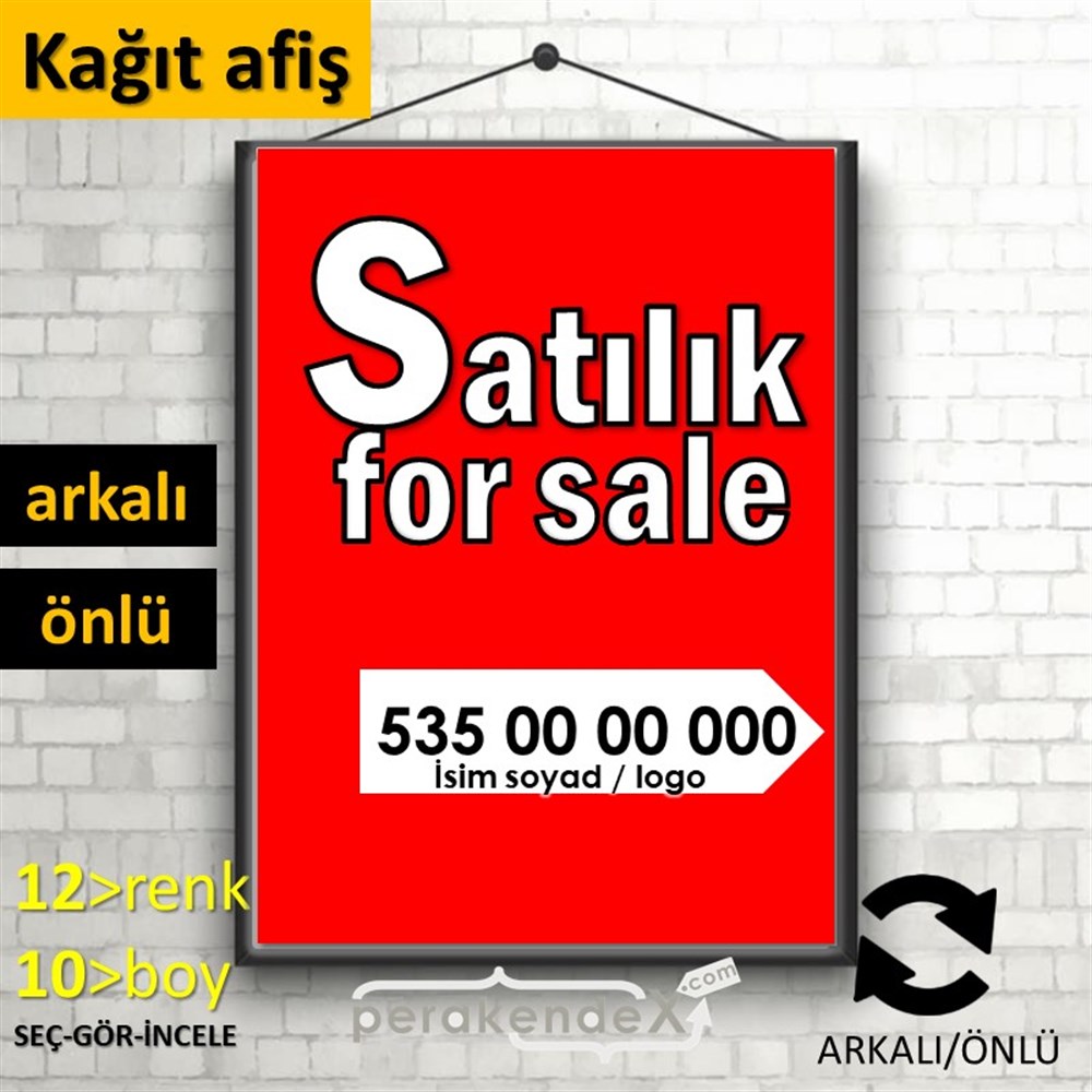 Tr İngilizce Satılık Yazısı 008 KAĞIT POSTER,  AFİŞ -dikdörtgen,çift yön baskıkağıt poster,  afiş