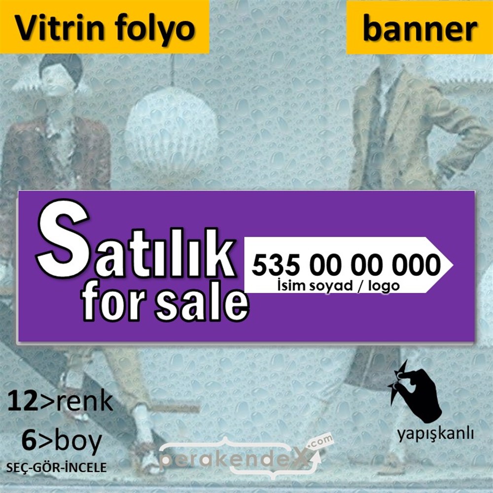 Tr İngilizce Satılık Yazısı 008 VİTRİN, CAM FOLYO,  VİNİL (BANNER) -dikdörtgen,tek yön baskıvitrin - cam folyo,  vinil