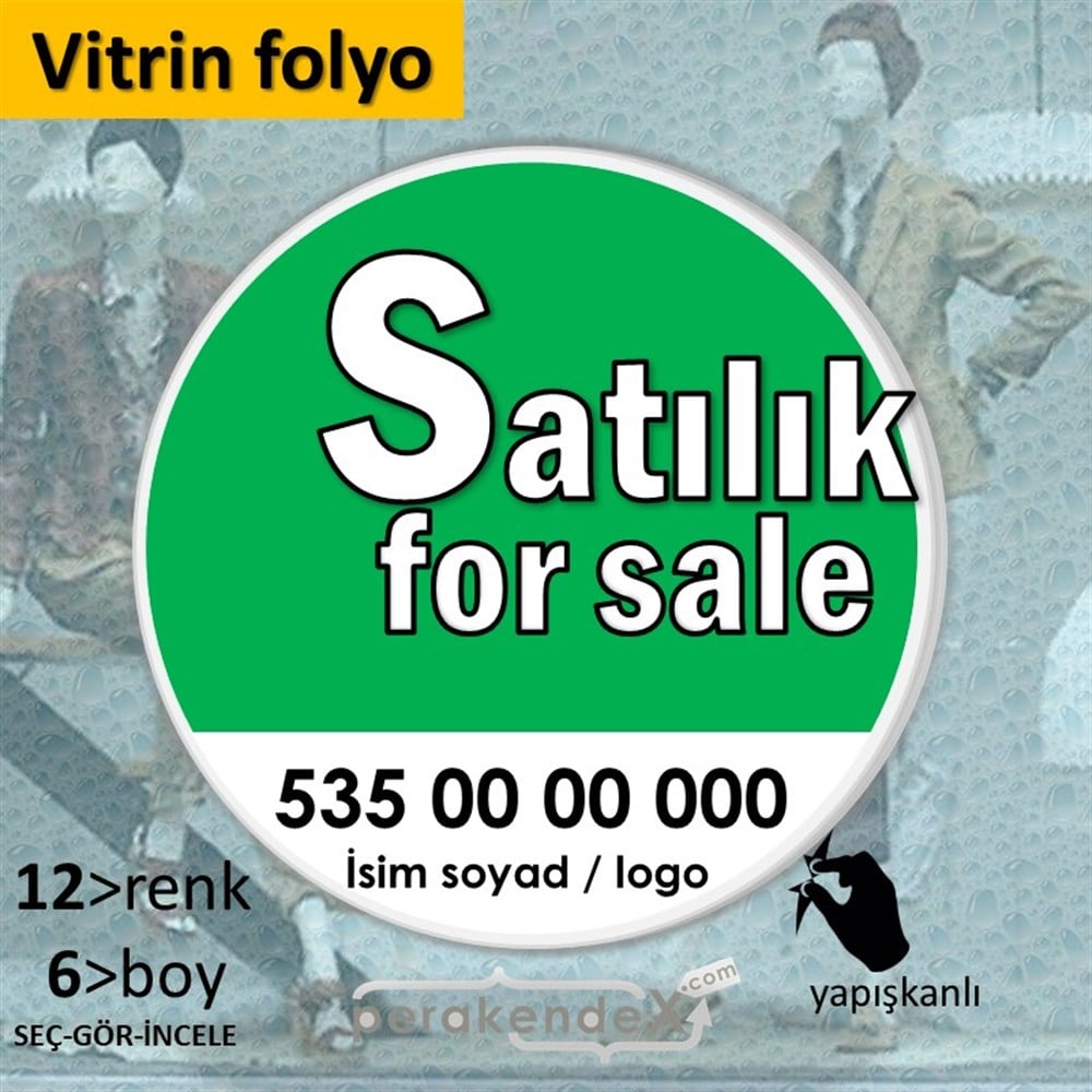 Tr İngilizce Satılık Yazısı 008 VİTRİN - CAM FOLYO,  VİNİL -oval,tek yön baskıvitrin - cam folyo,  vinil