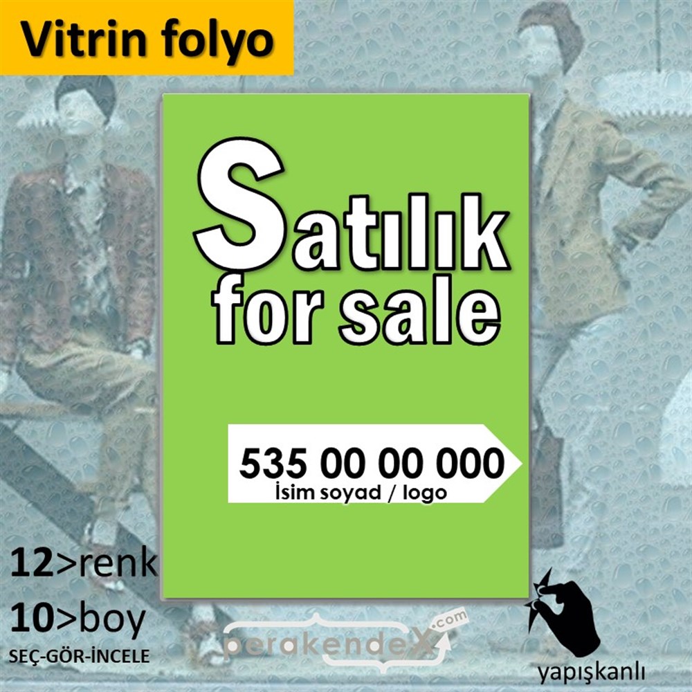 Tr İngilizce Satılık Yazısı 008 VİTRİN - CAM FOLYO,  VİNİL -dikdörtgen,tek yön baskıvitrin - cam folyo,  vinil