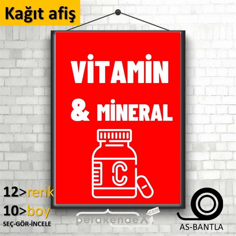 Vitamin Ve Mineral Yazısı KAĞIT POSTER,  AFİŞ -dikdörtgen,tek yön baskıkağıt poster,  afiş