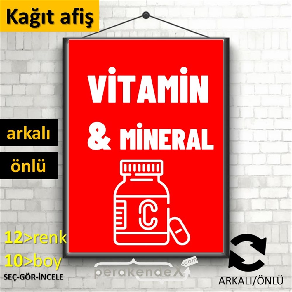 Vitamin Ve Mineral Yazısı KAĞIT POSTER,  AFİŞ -dikdörtgen,çift yön baskıkağıt poster,  afiş