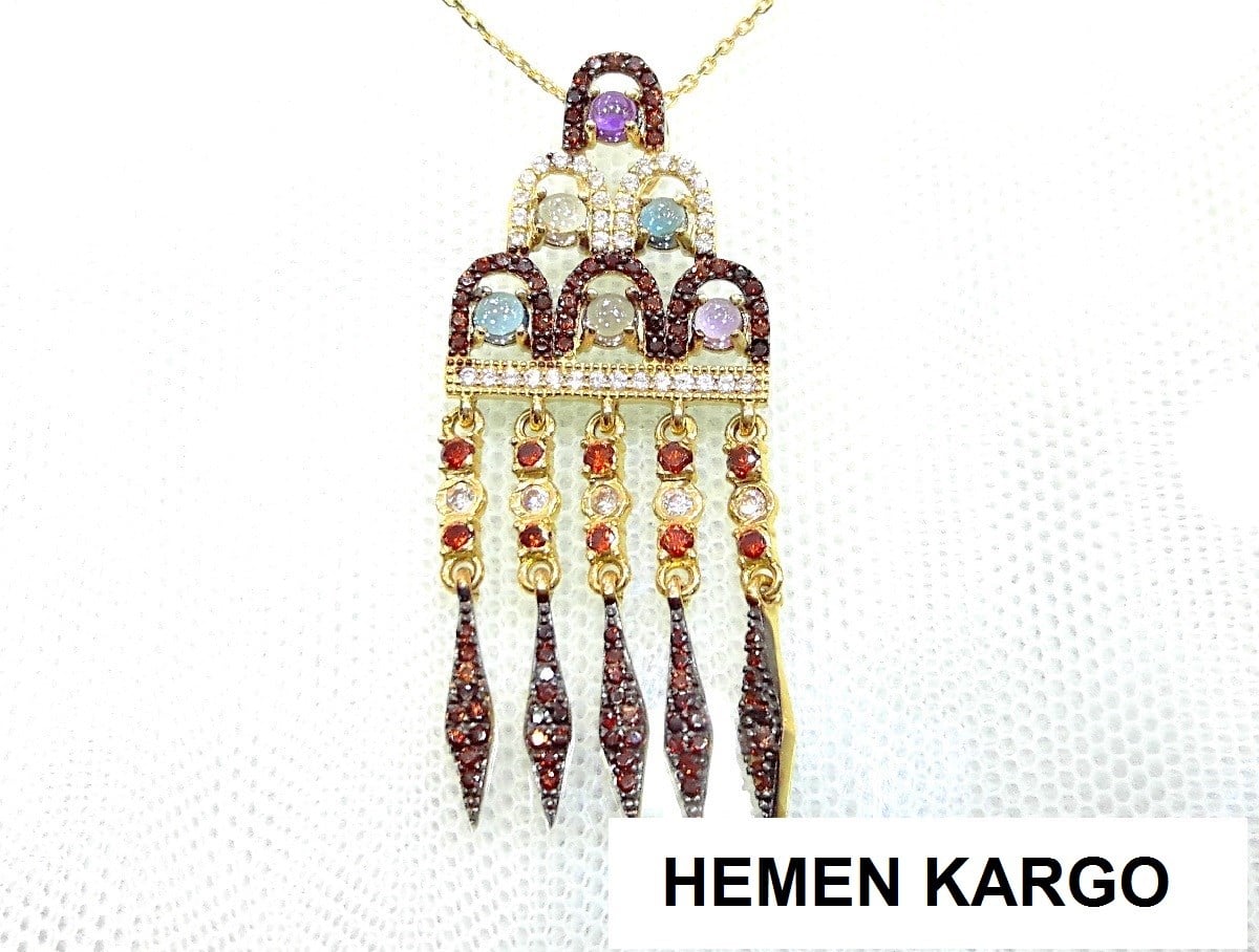 Kilim Koleksiyonu Renkli Taşlı Kolye 14 Ayar Sarı Altın