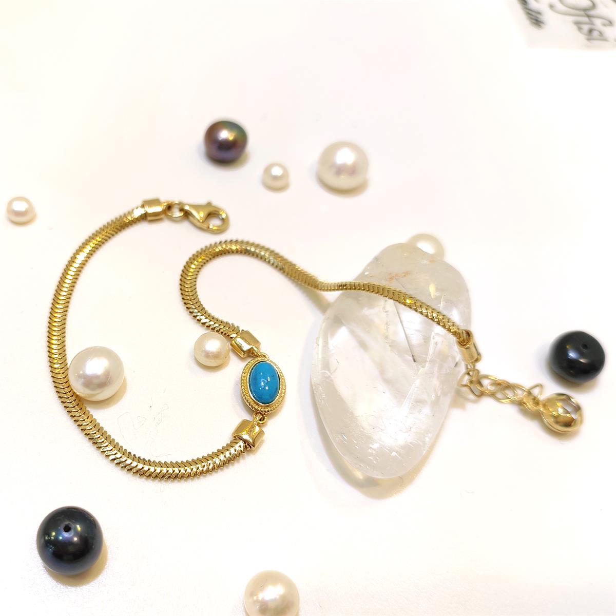 Firuze Taşlı Balık Sırtı Zİncirli Bileklik Künye 14 Ayar Altın HD VİDEOLU