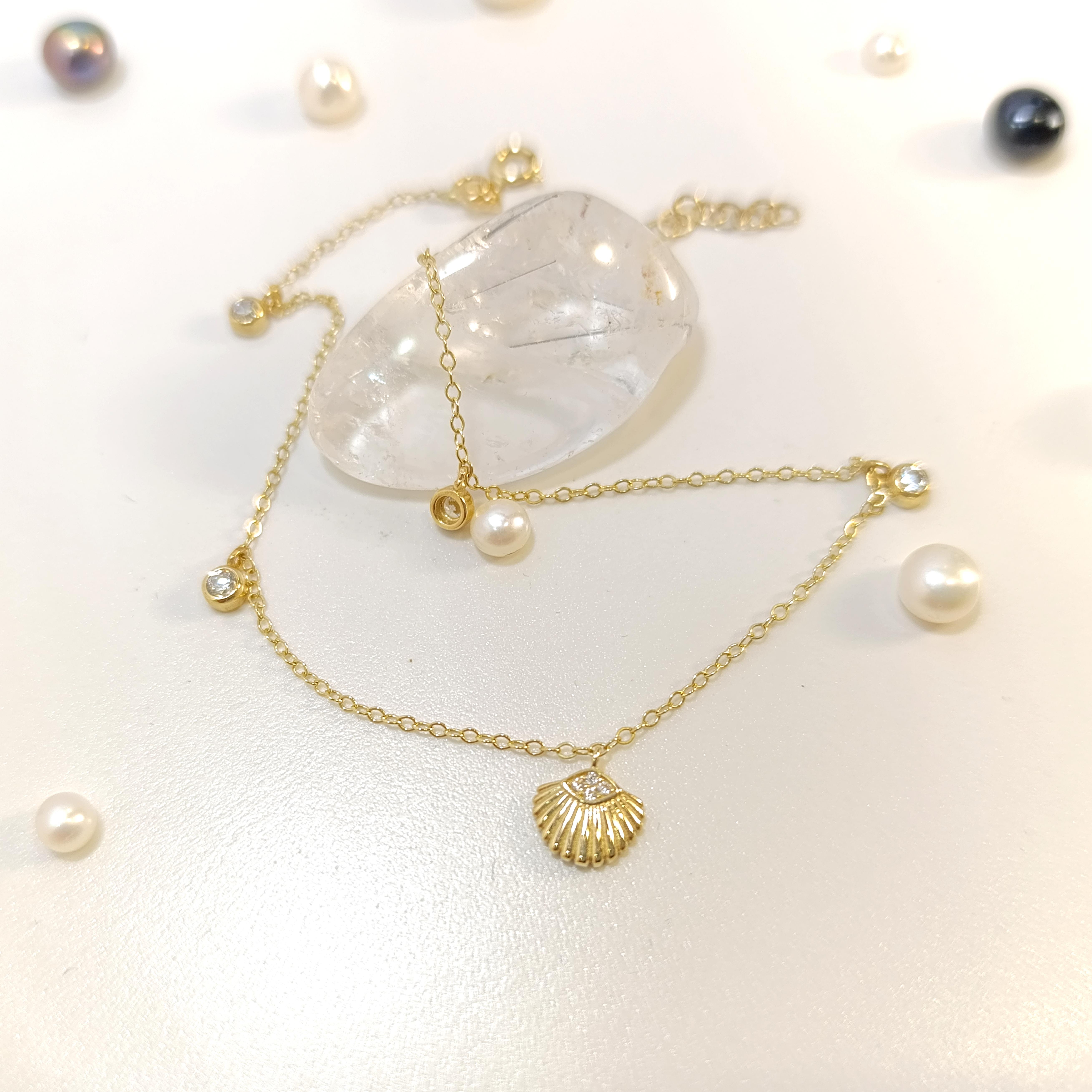 Halhal İstiridye ve Tek Taşlı Ayak Bileklikliği 14 Ayar Altın HD VİDEOLU