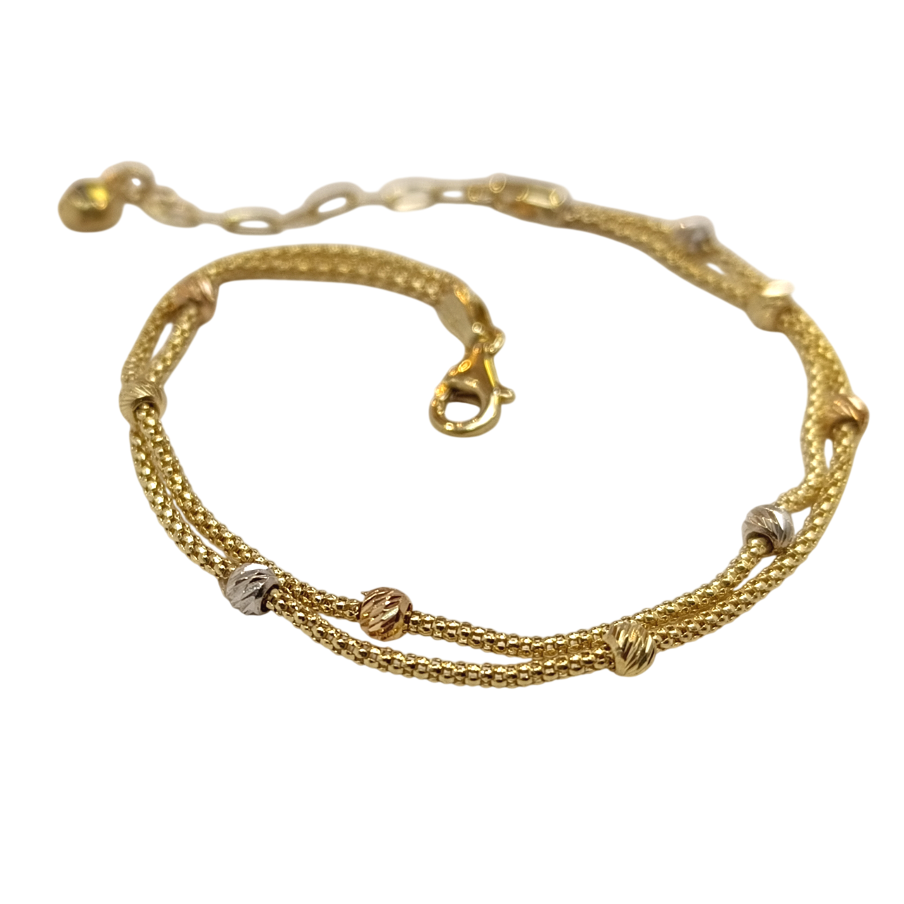 İkili Dorika Toplu popcorn Zincirli Bileklik Künye 14 Ayar Altın HD VİDEOLU