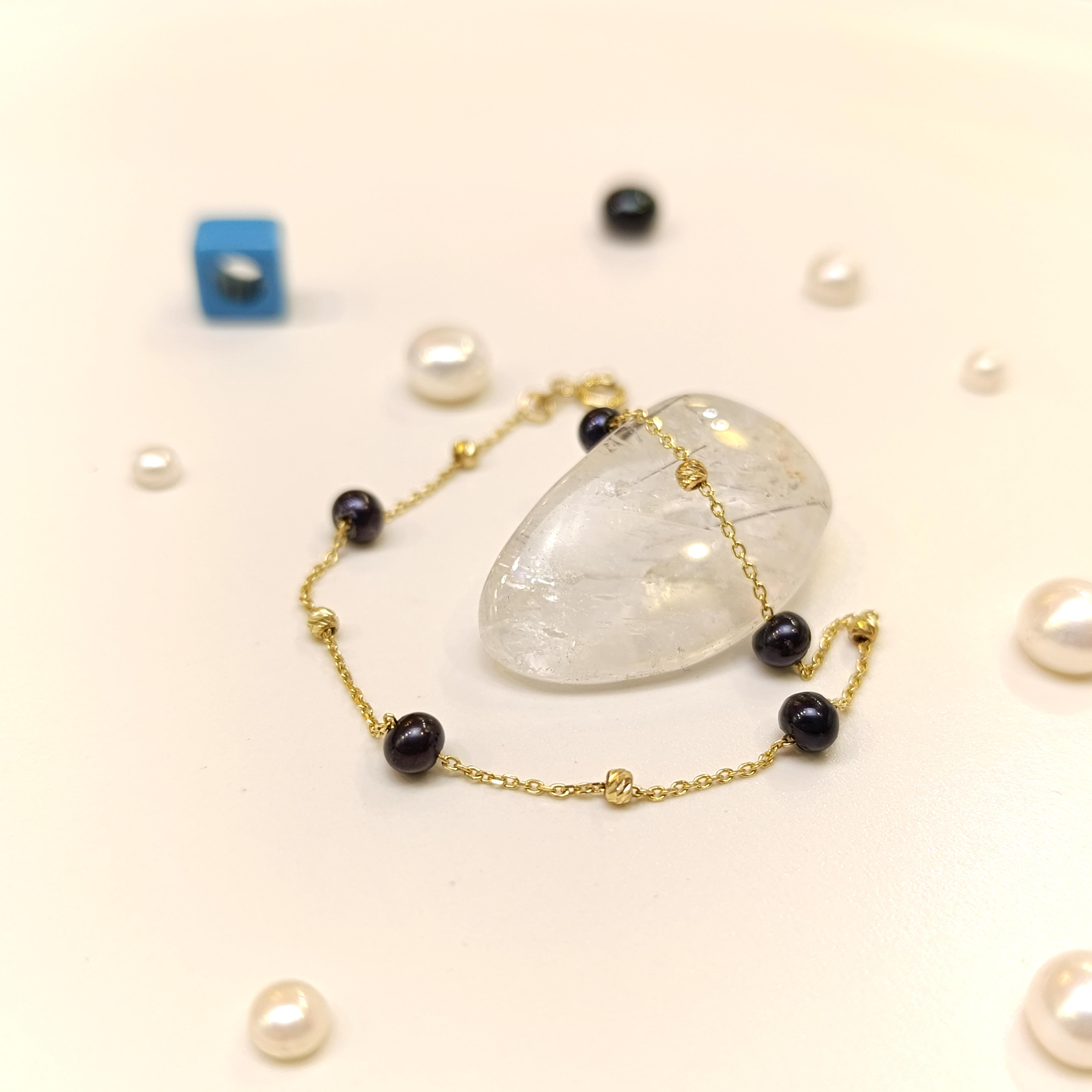 Siyah İnci Bileklik Künye 14 Ayar Altın HD VİDEOLU