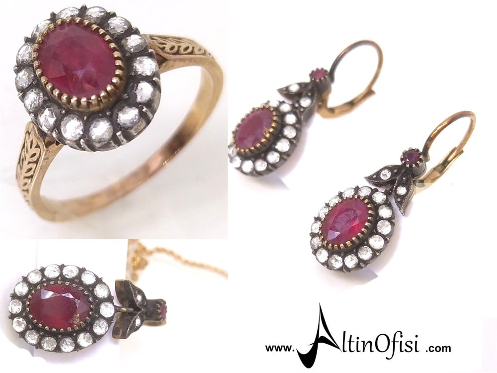 Oval Yakut ve  Elmas Yüzük Kolye ve Küpe Set