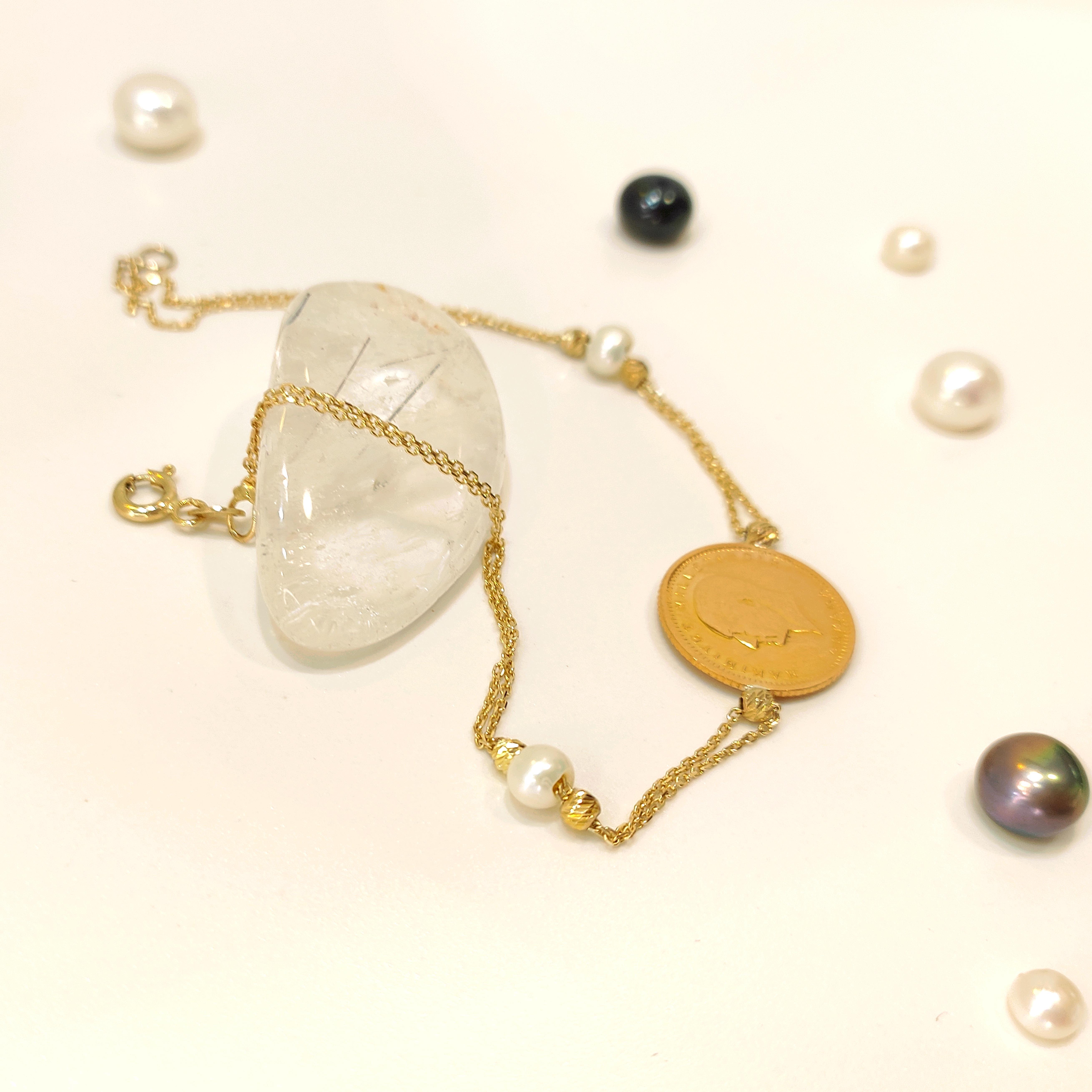 Atalira Çeyrek Altınlı İncili Bileklik Çeyrek 22 Ayar ve Zincir 14 Ayar HD VİDEOLU