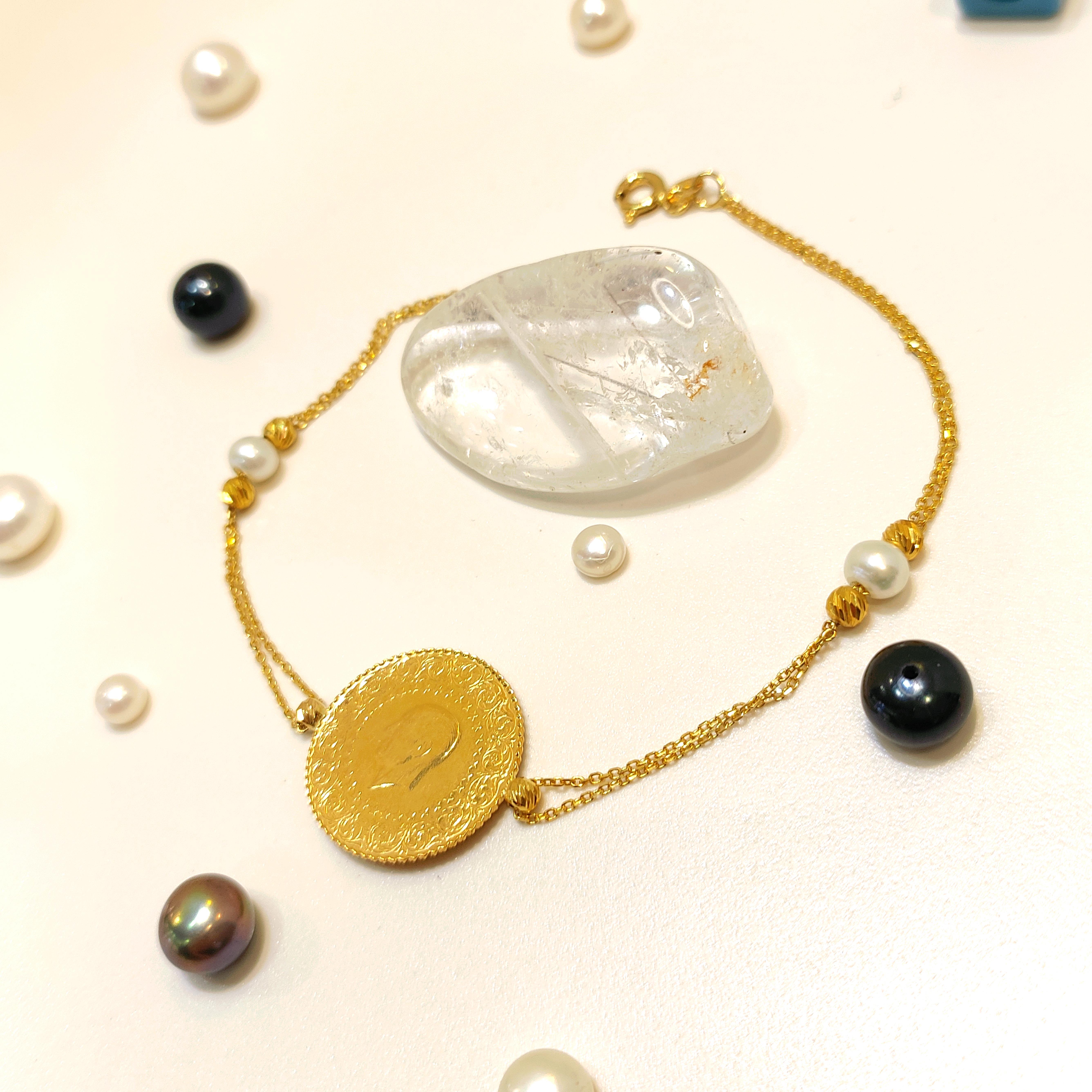 Çeyrek Altınlı İncili Bileklik Çeyrek 22 Ayar ve Zincir 14 Ayar HD VİDEOLU