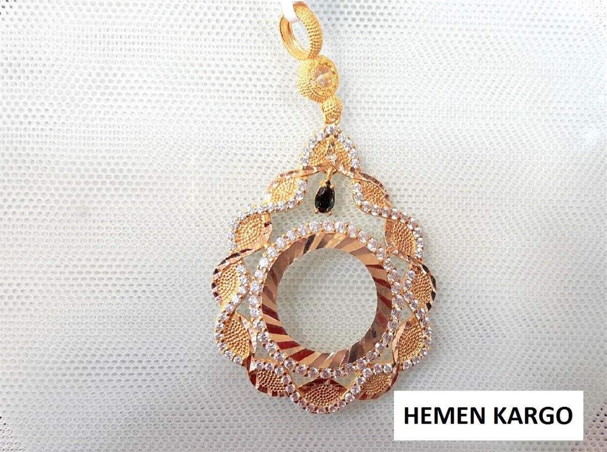 Yeşil Taşlı Çeyrek Ziynet yada Ata Yarım Sikke için çerçeve Kolye 14 Ayar Altın