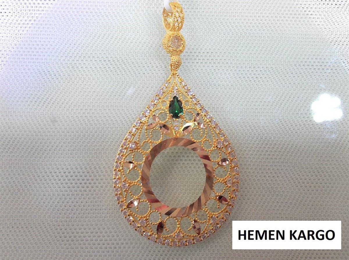 Yeşil Taşlı Damla Yarım Ziynet yada Atalira Tam Sikke için çerçeve Kolye 14 Ayar Altın