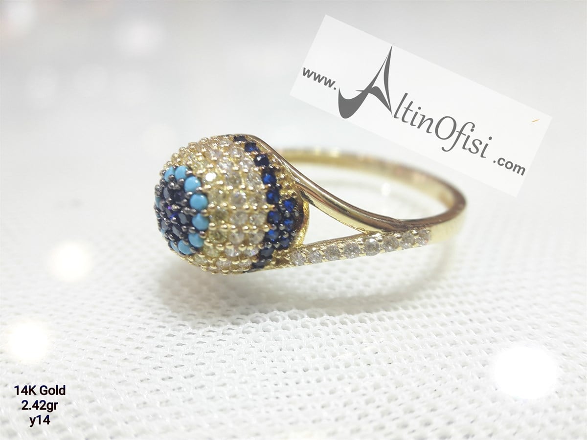 Gözboncuklu Yüzük Sarı 14 Ayar Altın
