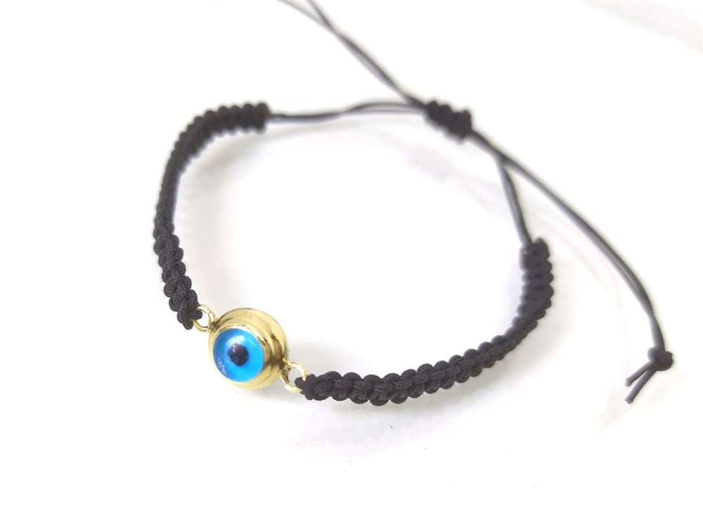 Makrome Örgülü Gözboncuklu Bileklik 14 Ayar Altın