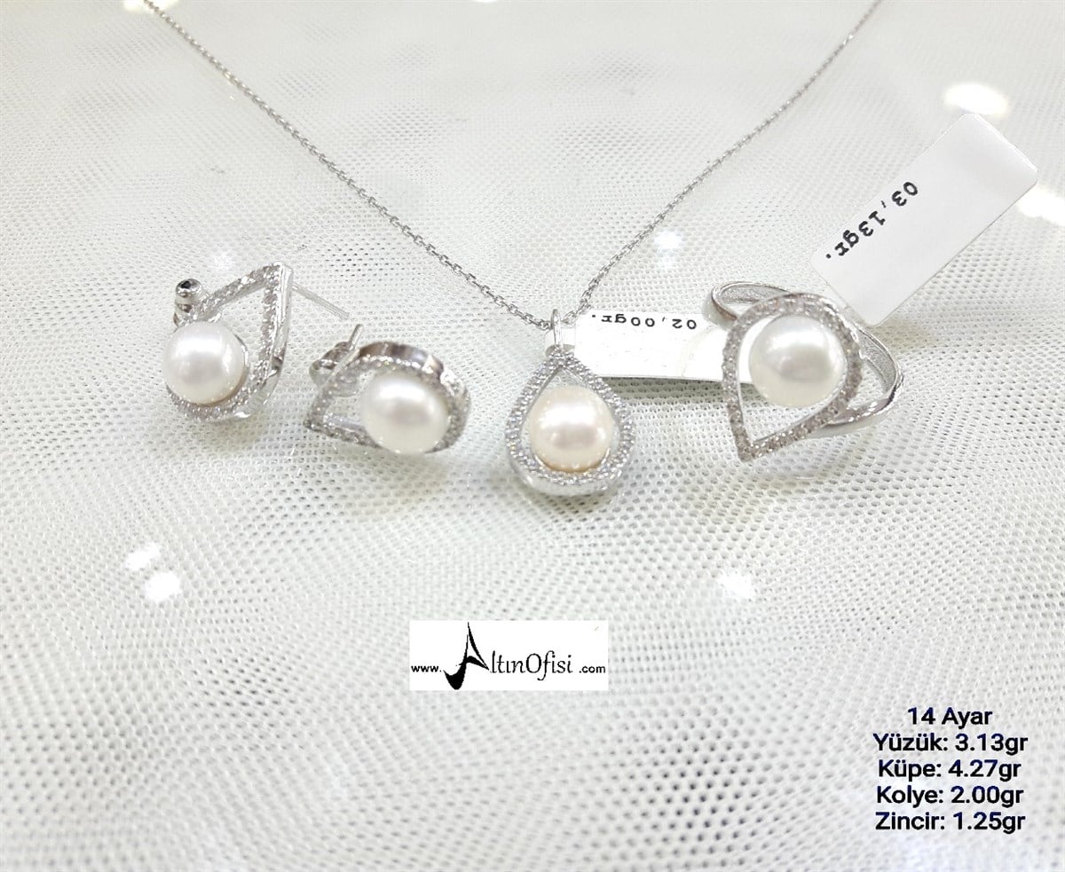 İnci Damlası Taşlı Set 14 ayar Altın