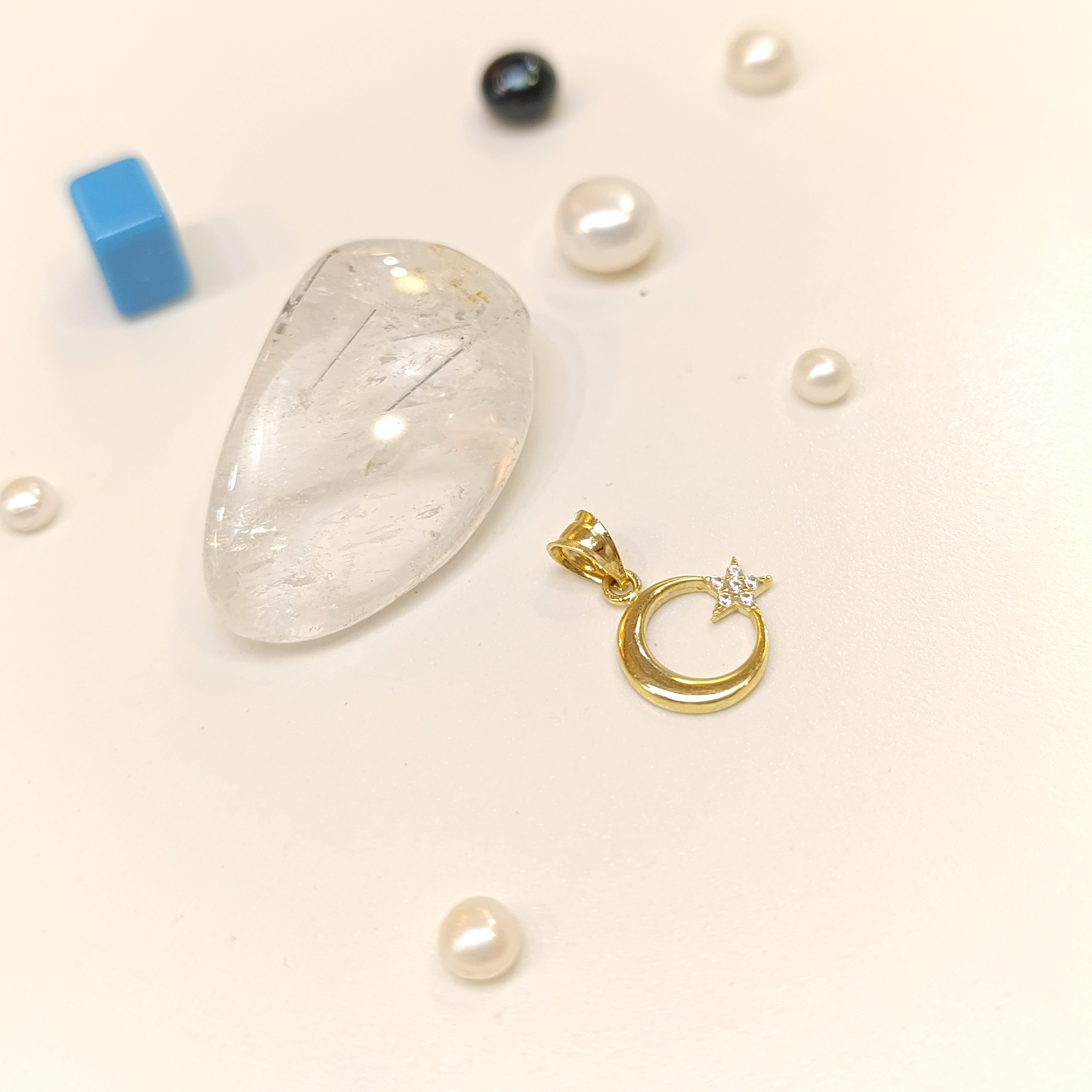 12.4mm Taşlı Ayyıldız Kolye 14 Ayar Altın 4K VİDEOLU