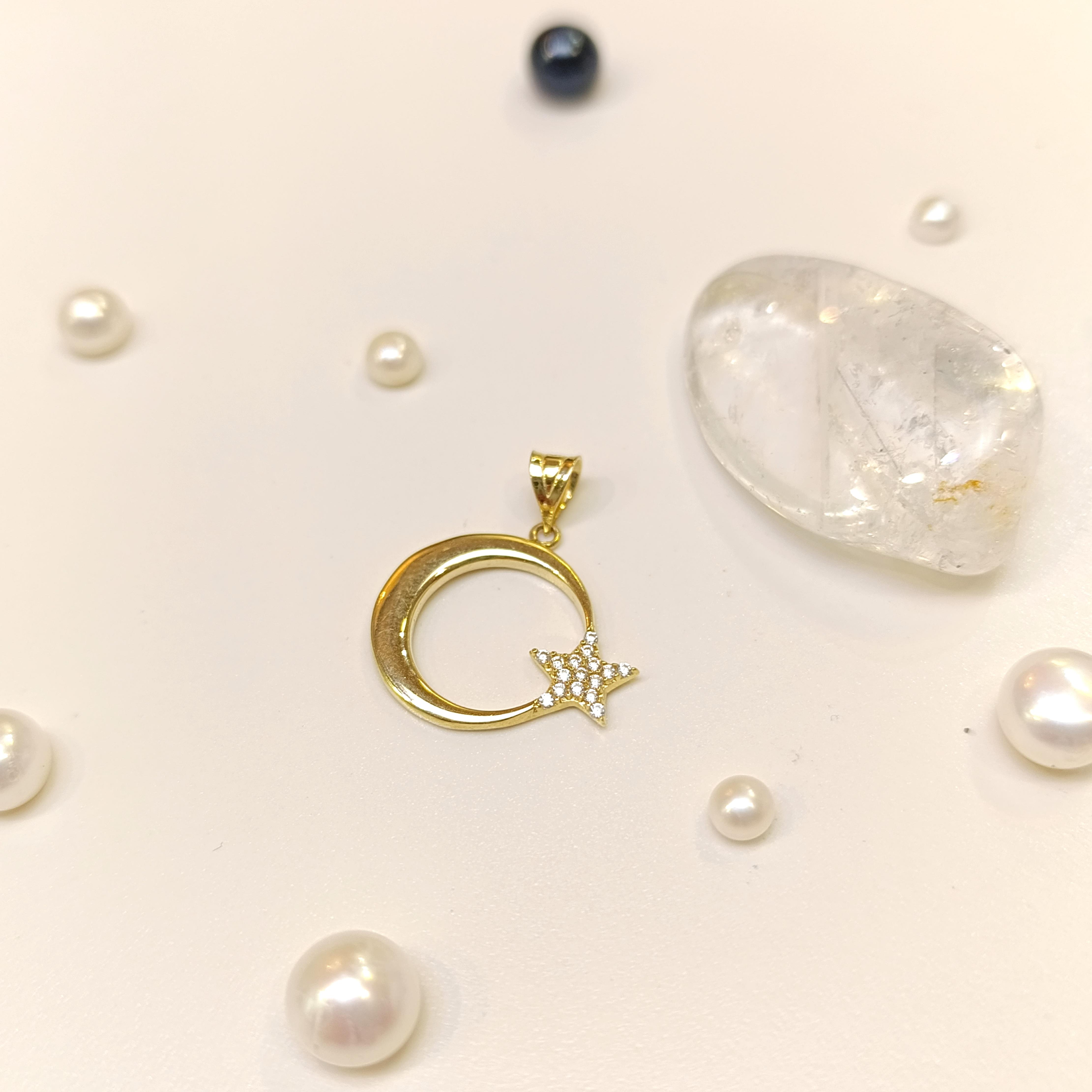 20.3mm Taşlı Ayyıldız Kolye 14 Ayar Altın 4K VİDEOLU