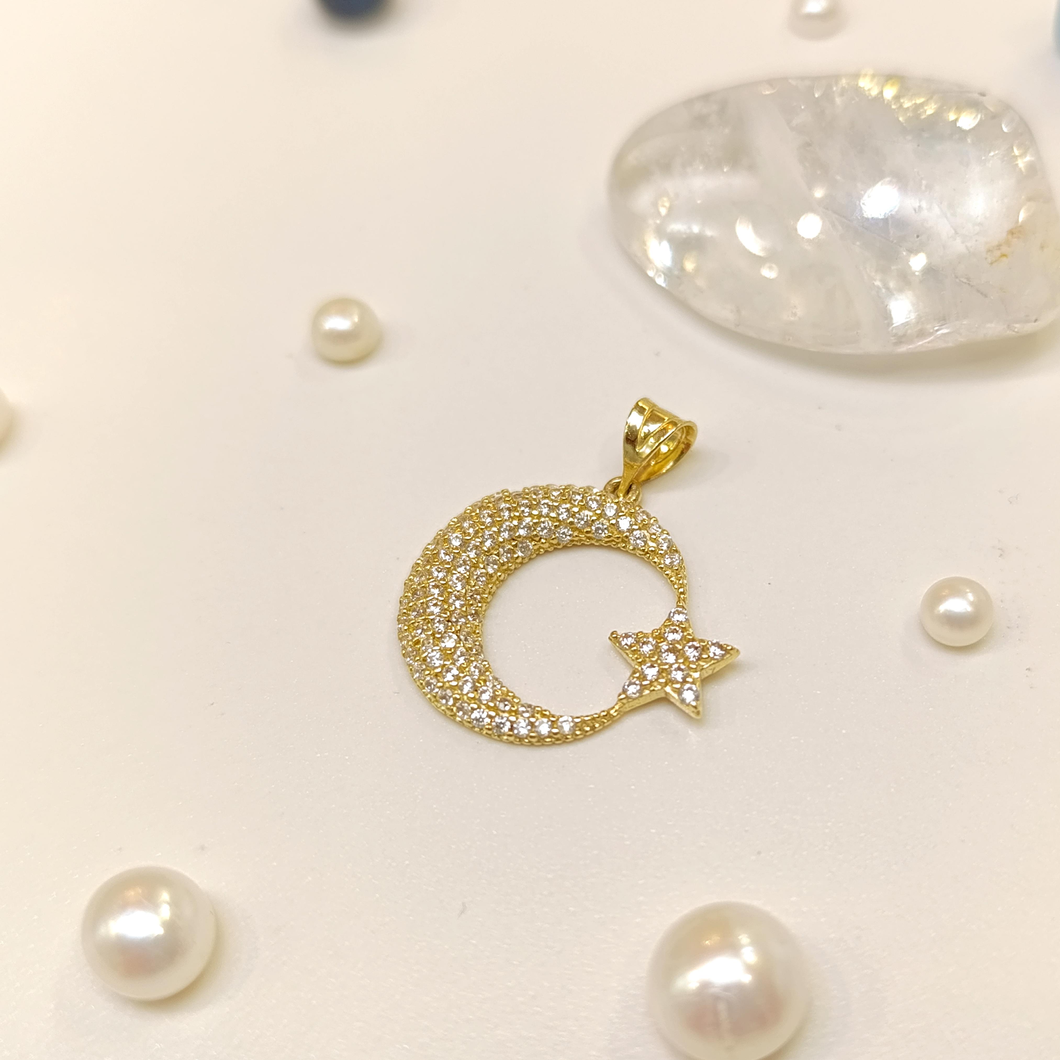 21.8mm Taşlı Ayyıldız Kolye 14 Ayar Altın 4K VİDEOLU