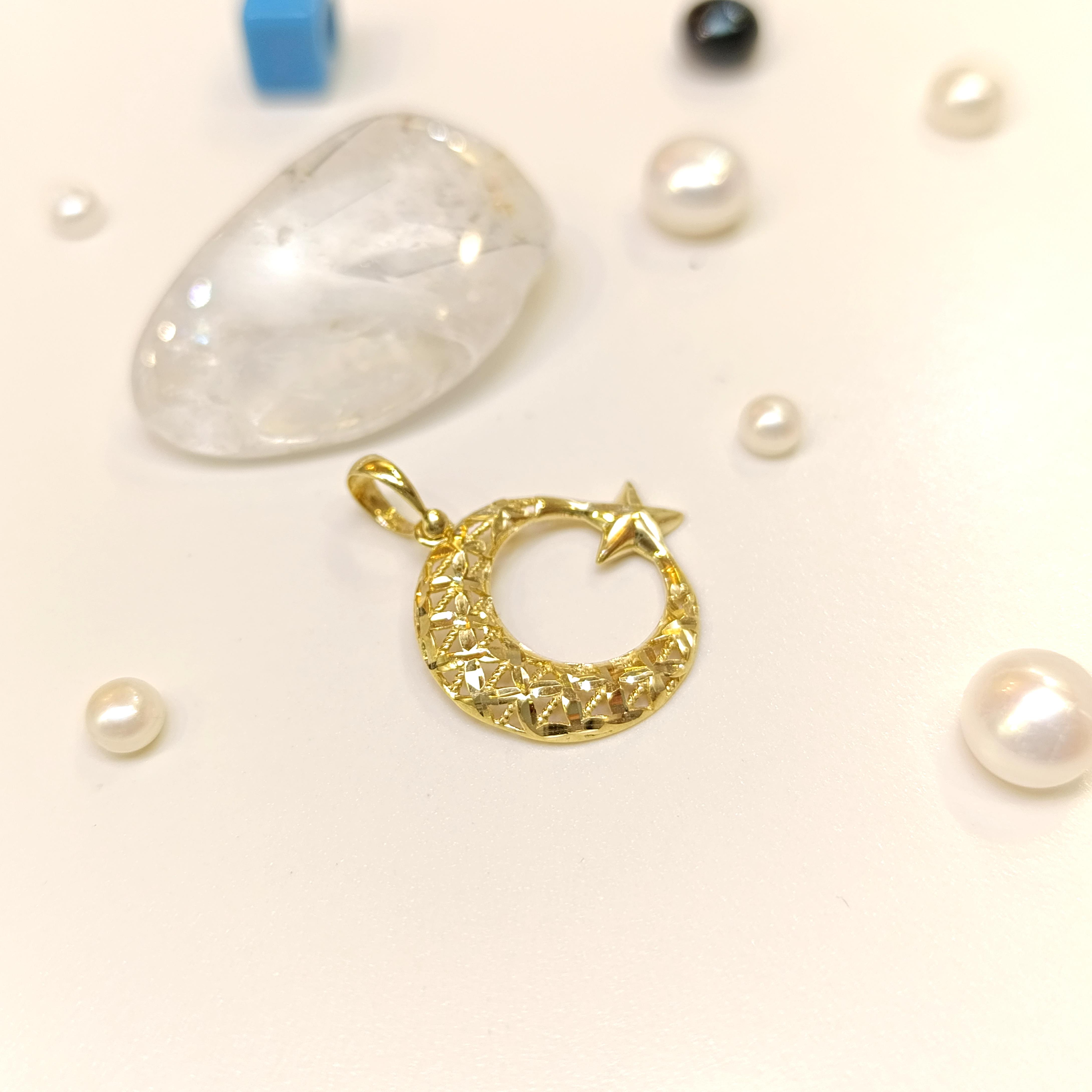 21.3mm Kalemli Ayyıldız Kolye 14 Ayar Altın 4K VİDEOLU