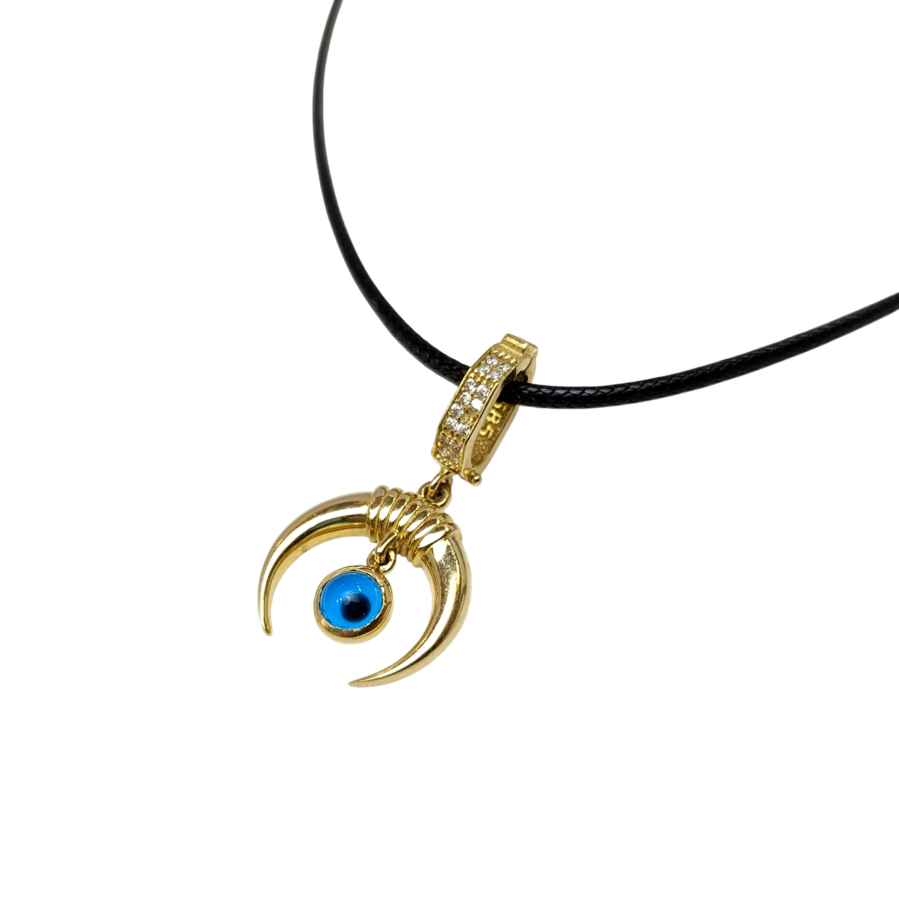 Charm Göz Boncuklu Boynuz Kolye 14 Ayar Altın HD VİDEOLU