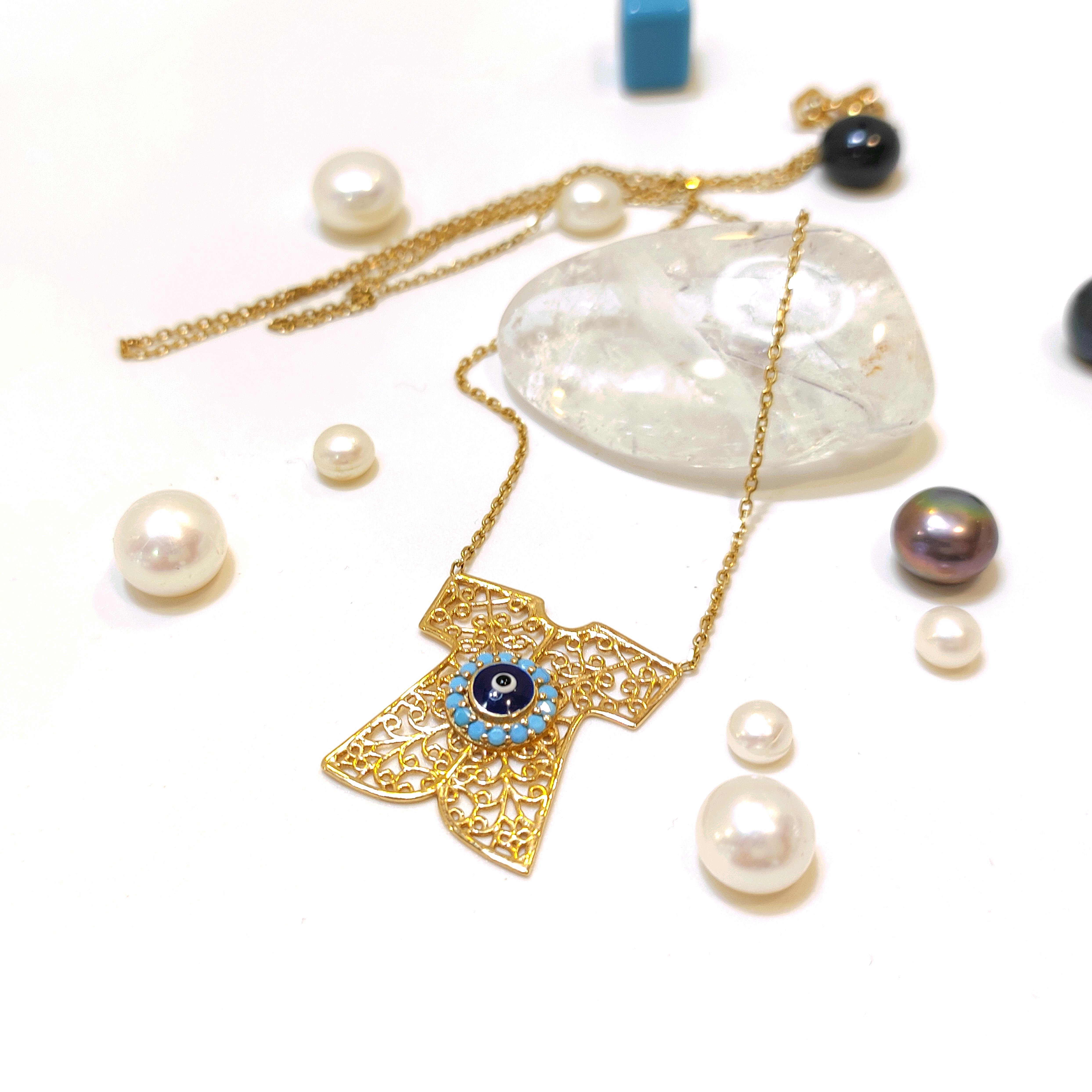 Göz Boncuklu Kaftan Kolye 14 Ayar Altın  HD VİDEOLU