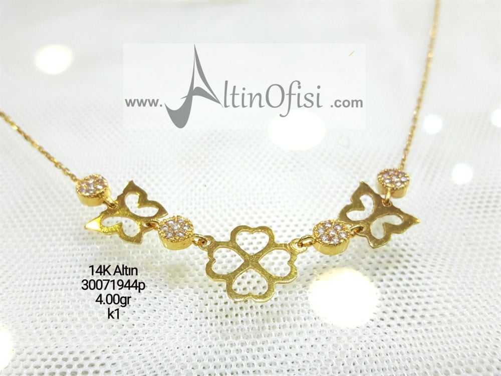 Kelebek ve Yonca Kolye 14 Ayar Altın