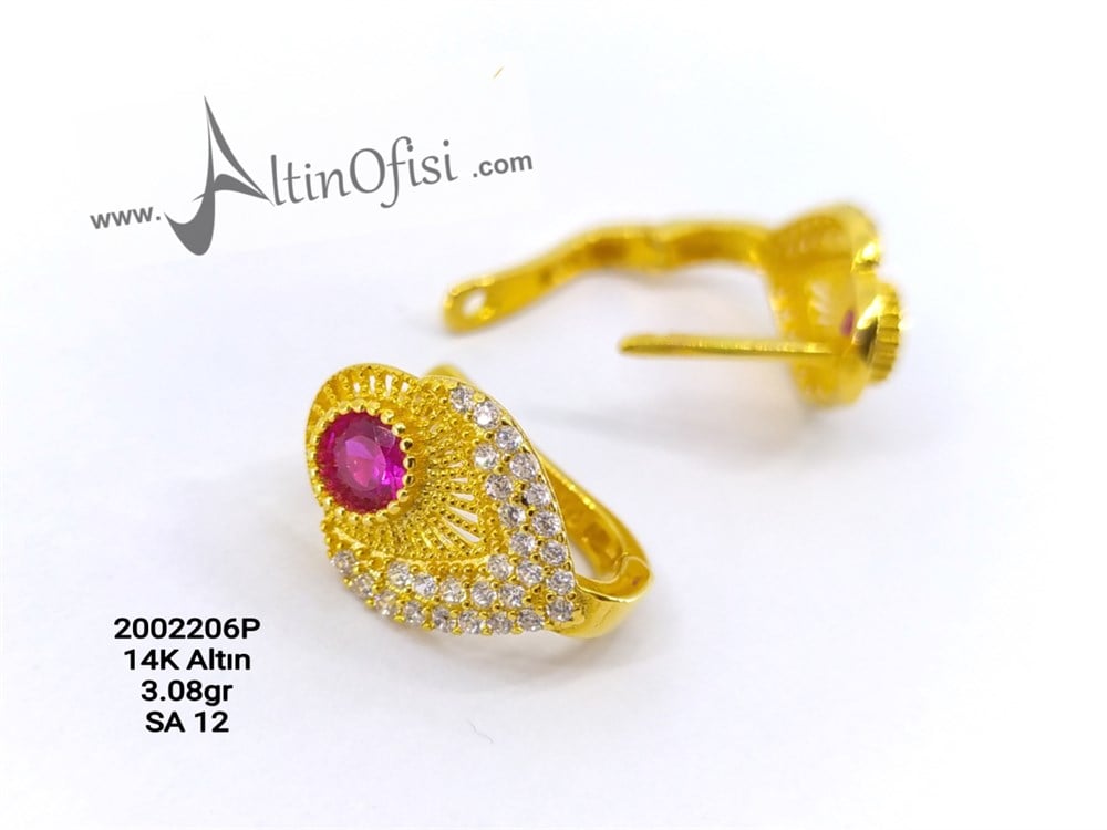 Kırmızı Taşlı Küpe 14 Ayar Altın