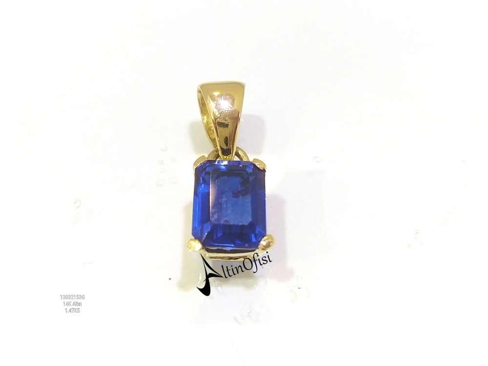 Lacivert Baget Tek Taşlı Kolye 14 Ayar Altın