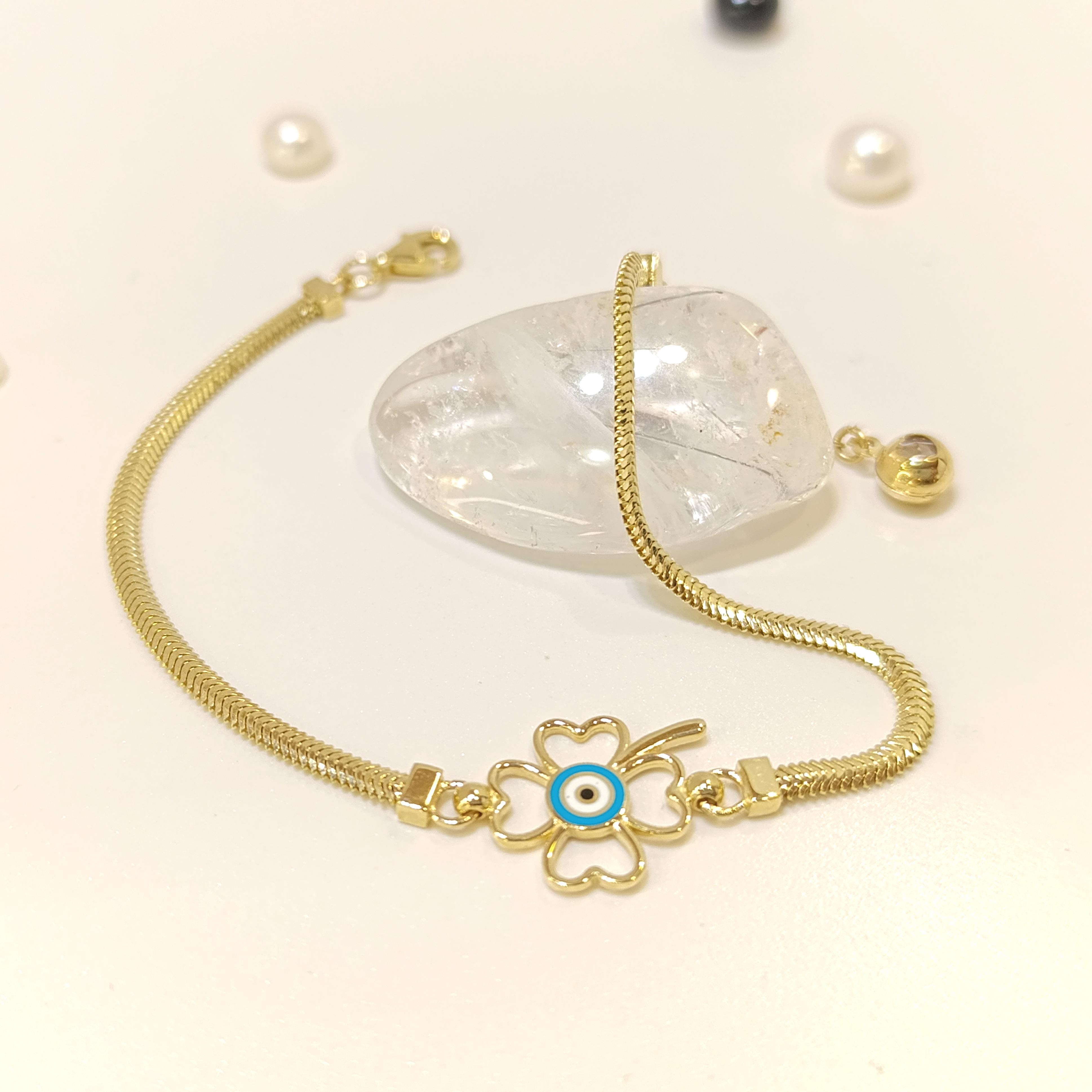 Göz Boncuklu Yonca Bileklik Künye 14 Ayar Altın HD VİDEOLU