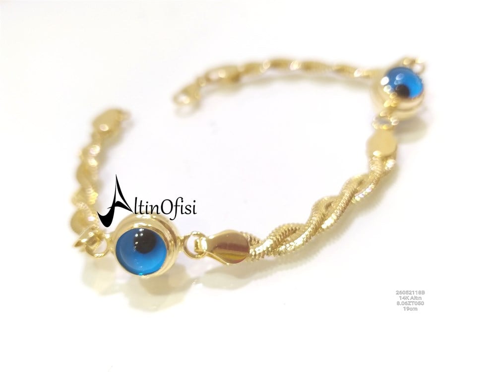 İki Göz Boncuklu Balık Sırtı Zincirli Bileklik Künye 14 Ayar Altın