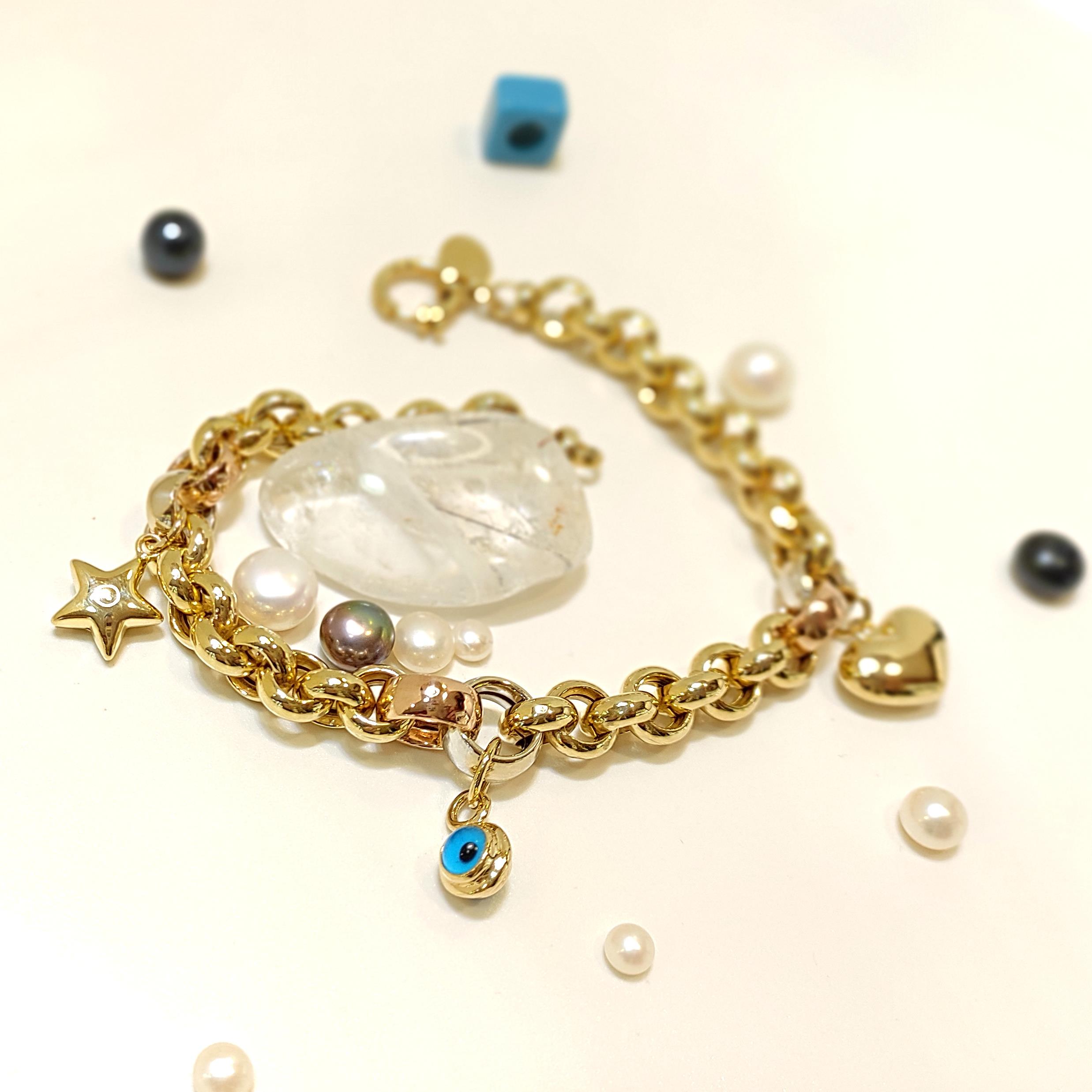 Kalpli Göz Boncuklu Doç Zincirli Bileklik Künye 14 Ayar Altın HD VİDEOLU