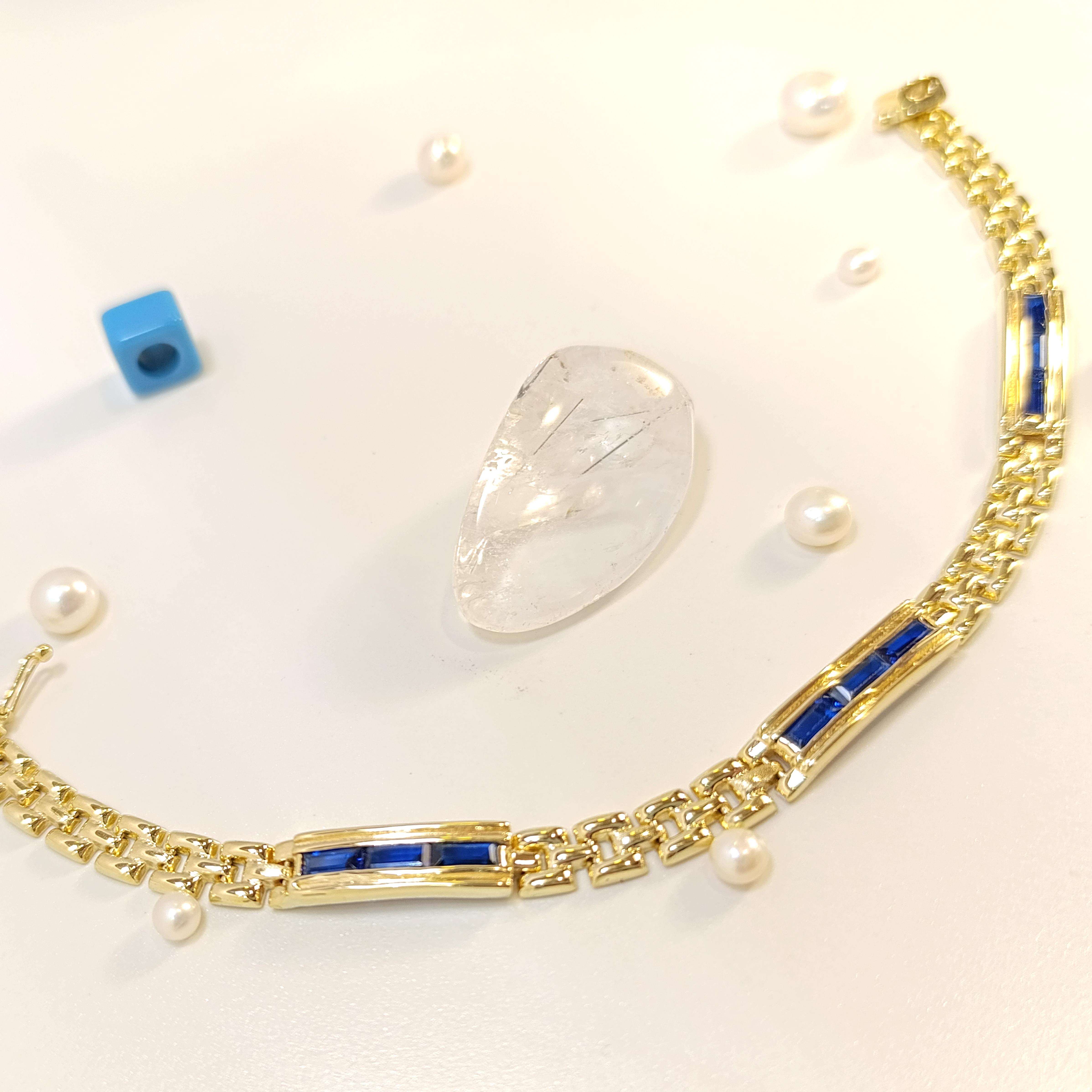 Mavi Baget Taşlı Bileklik Künye 14 Ayar Altın HD VİDEOLU