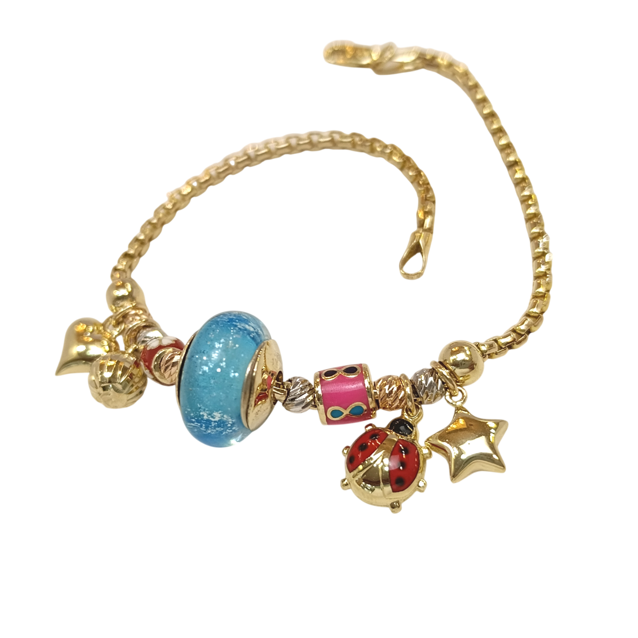 Mavi Taşlı Charm Kalp, Yıldız ve Uğur Böcekli  Bileklik Künye 14 Ayar Altın HD VİDEOLU