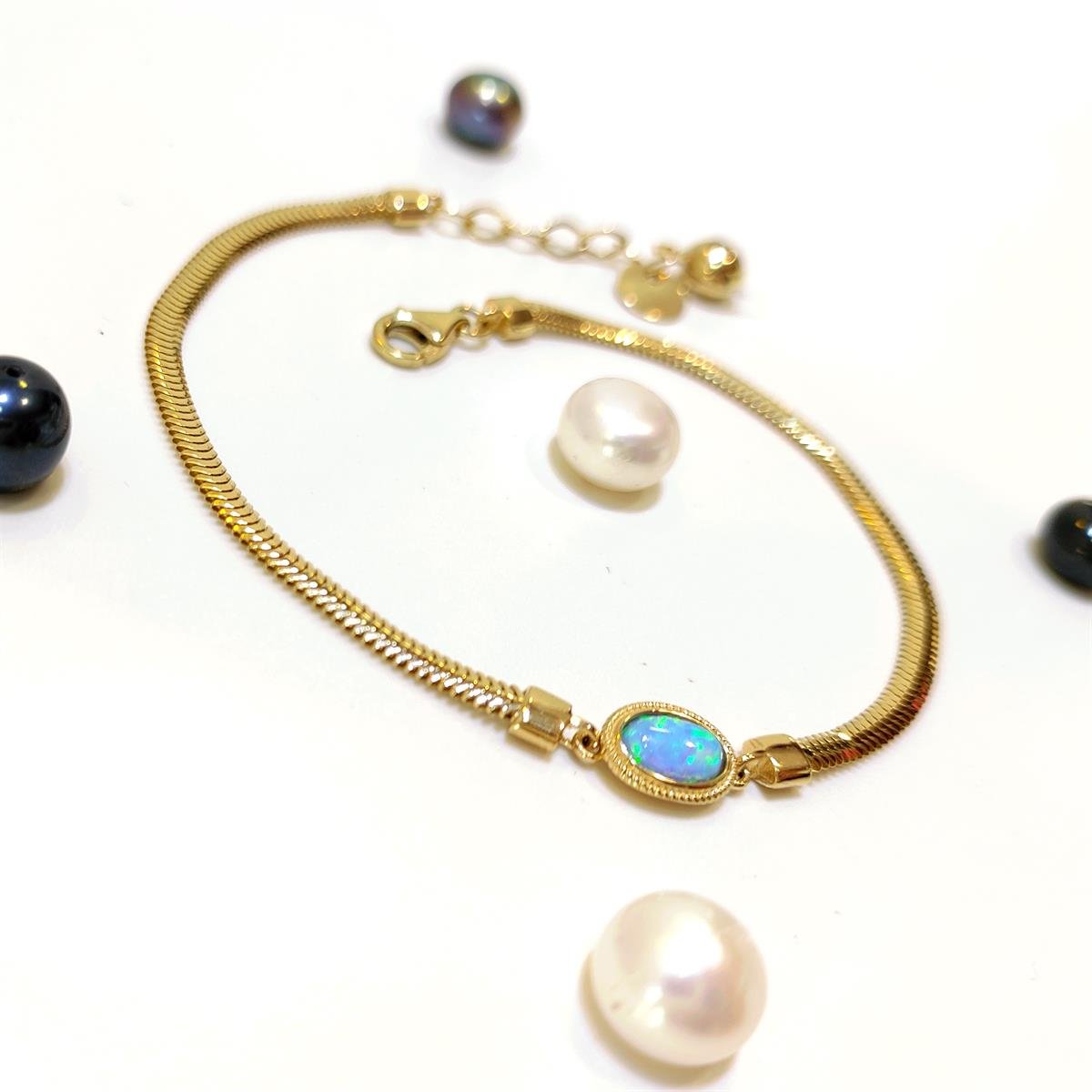 Opal Taşlı Balık Sırtı Bileklik Künye 14 Ayar Altın HD VİDEOLU