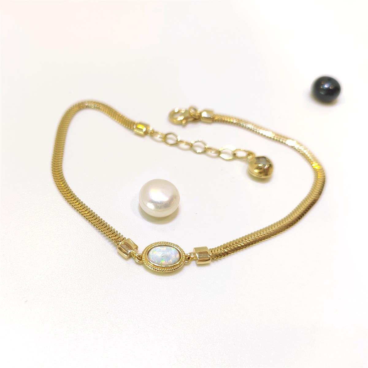 Opal Taşlı Balık Sırtı Bileklik Künye 14 Ayar Altın HD VİDEOLU