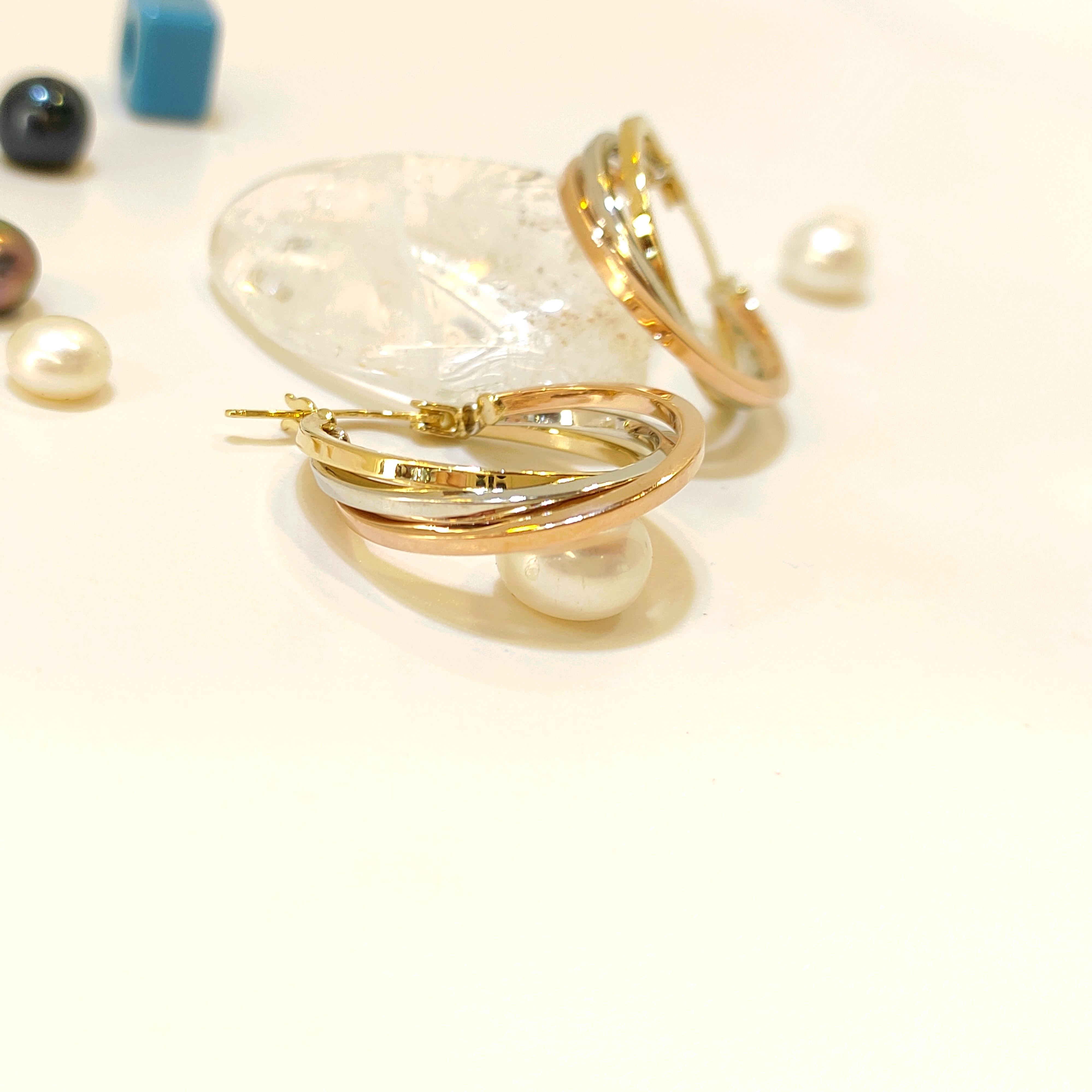 22mm Üçlü Renkli Halka Küpe 14 Ayar Altın 