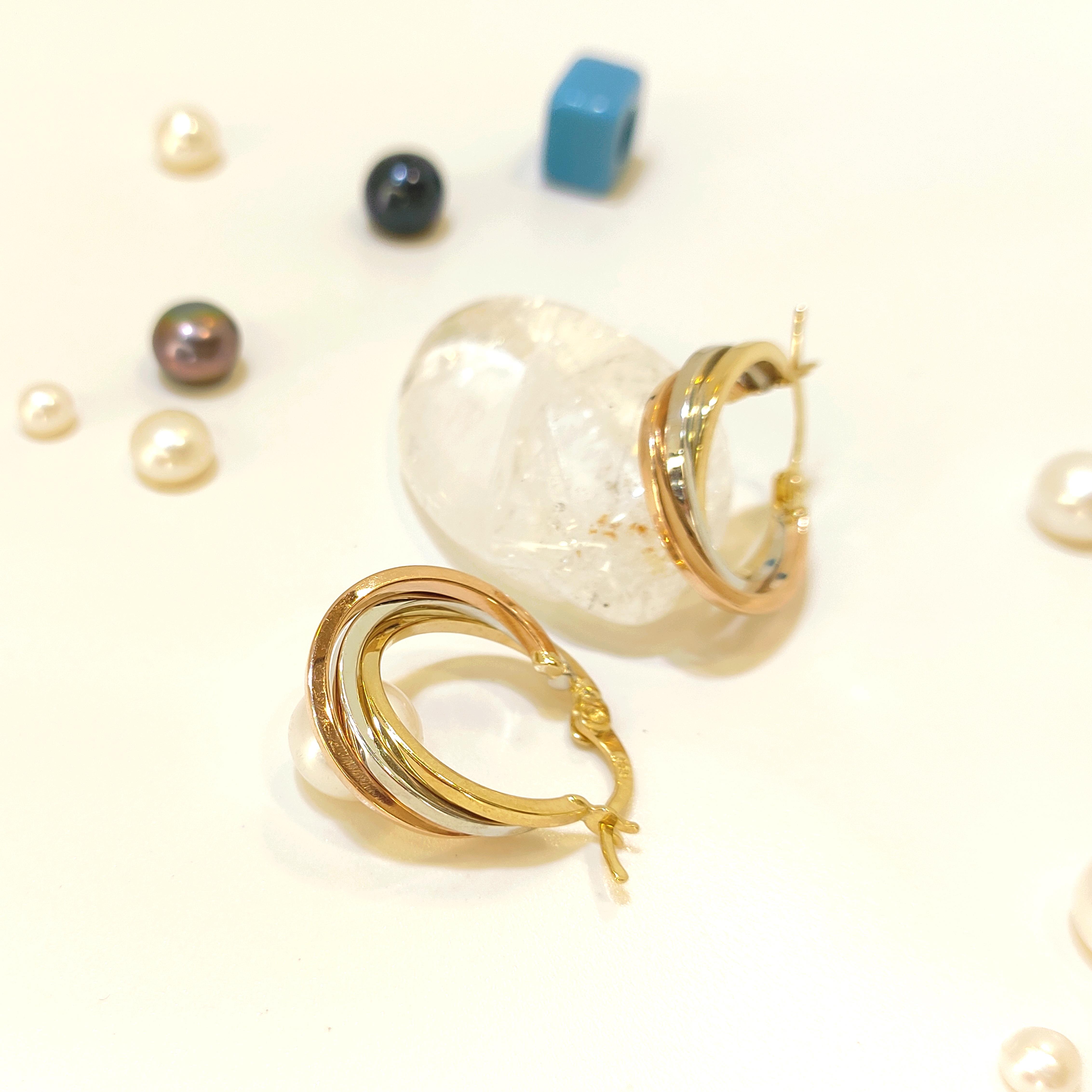 22mm Üçlü Renkli Halka Küpe 14 Ayar Altın 