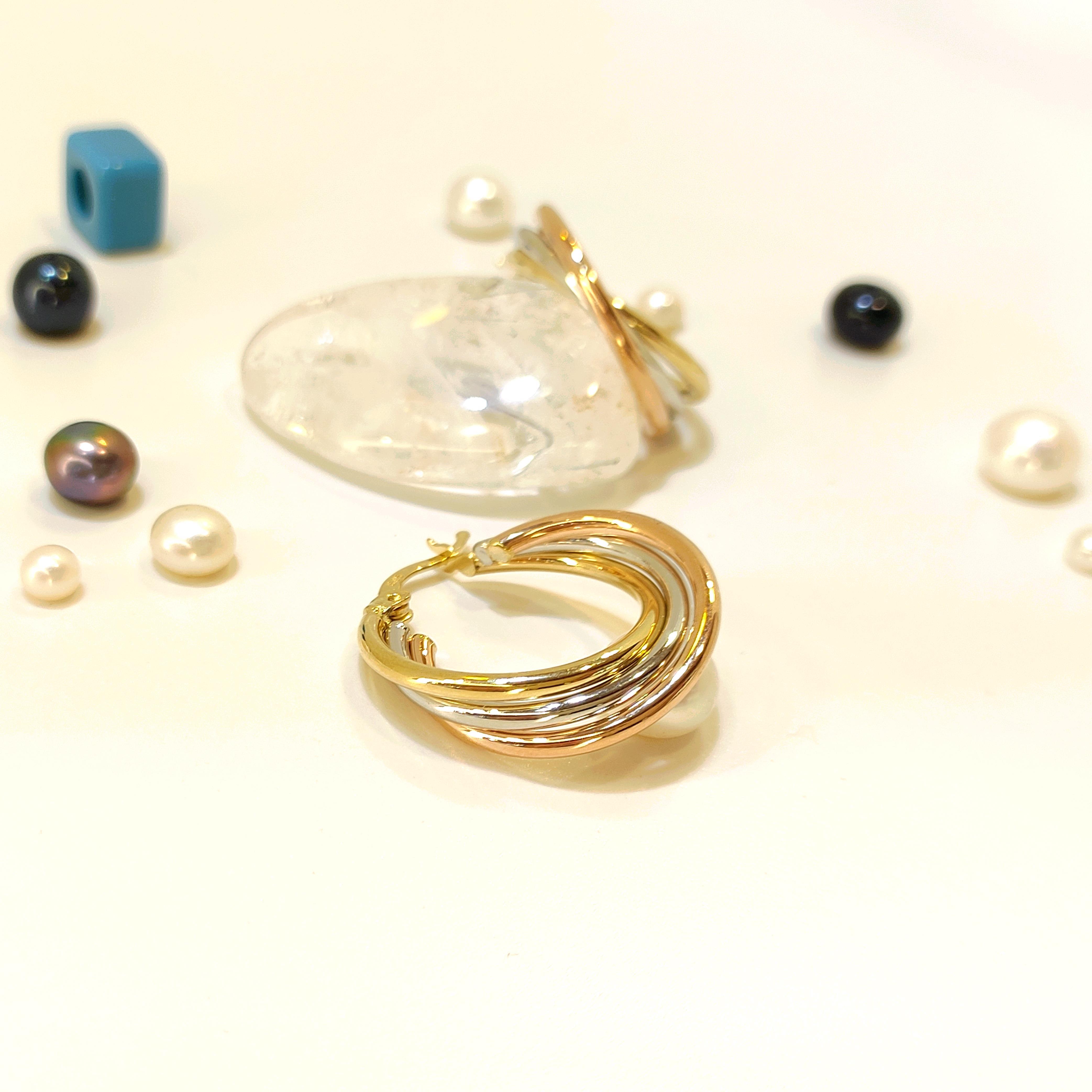 27mm Üçlü Renkli Halka Küpe 14 Ayar Altın 