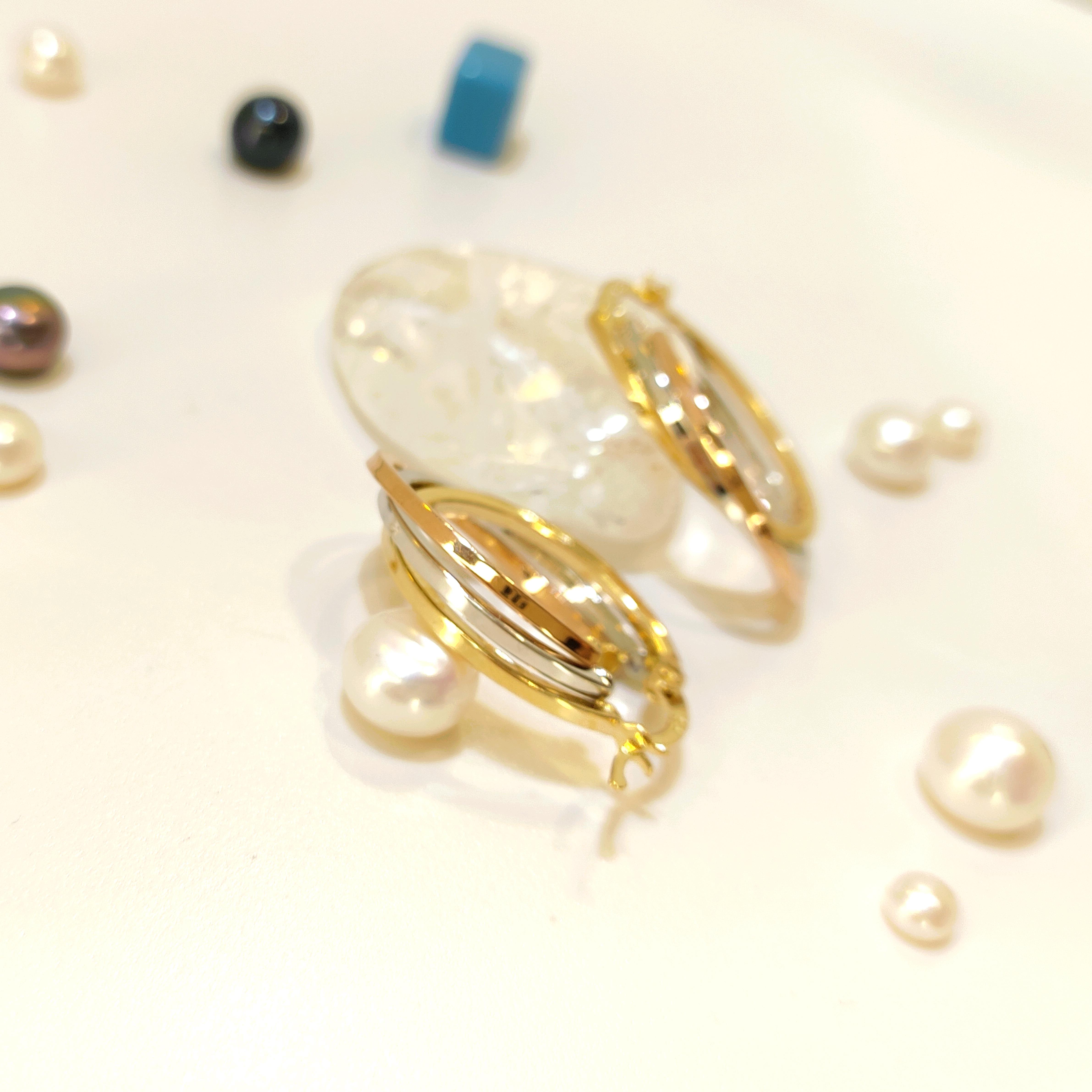 27mm Üçlü Renkli Halka Küpe 14 Ayar Altın 