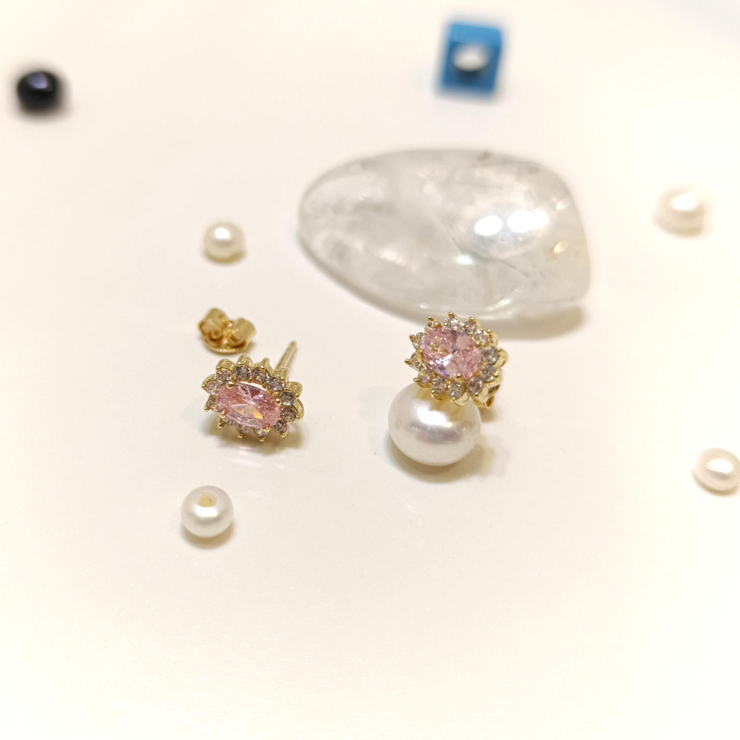 9.9mm Vidalı Oval Pembe Tek Taş Küpe 14 Ayar Altın HD VİDEOLU