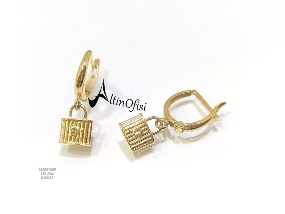 Asma Kilit Figürlü Sallanan Küpe 14 Ayar Altın