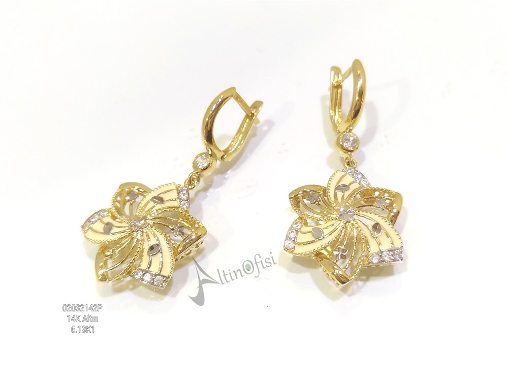 Çİçek Figürlü Sallanın Küpe  14 Ayar Altın