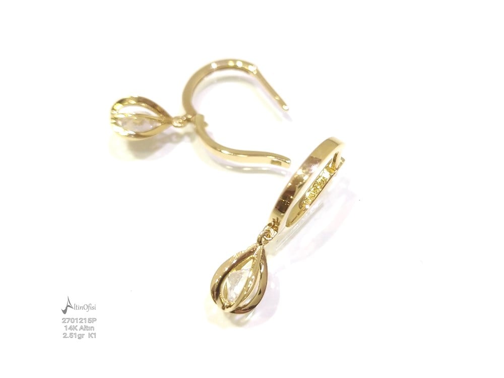 Damla Tek Taşlı Küpe 14 Ayar Altın