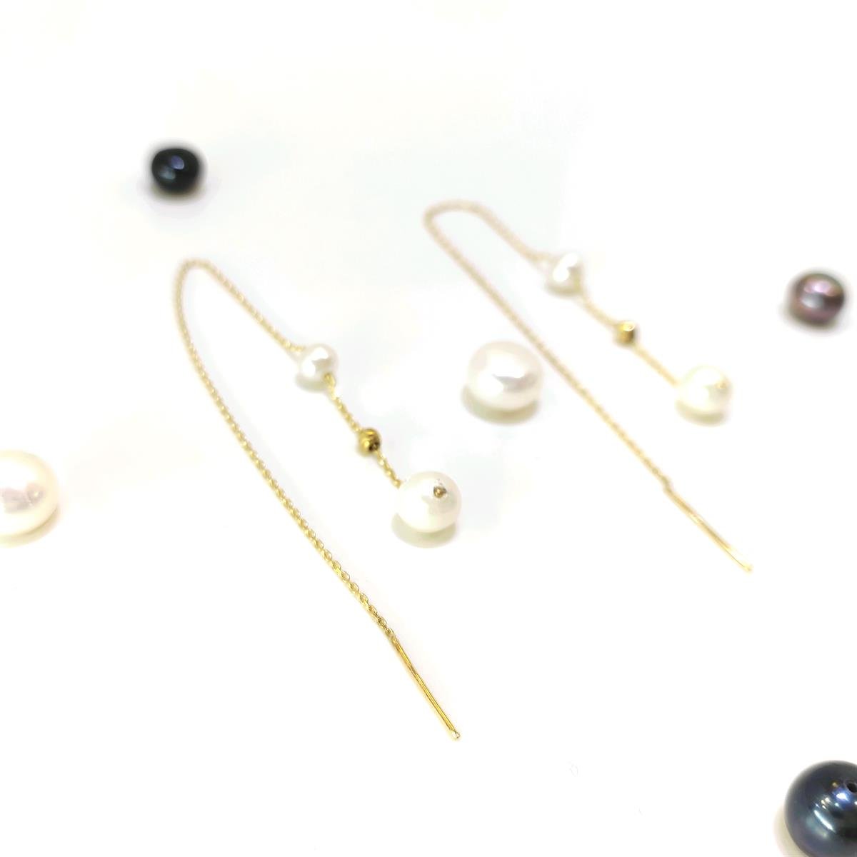 Dorika Toplu İnci Sallanan Zincir Küpe 14 Ayar Altın HD VİDEOLU